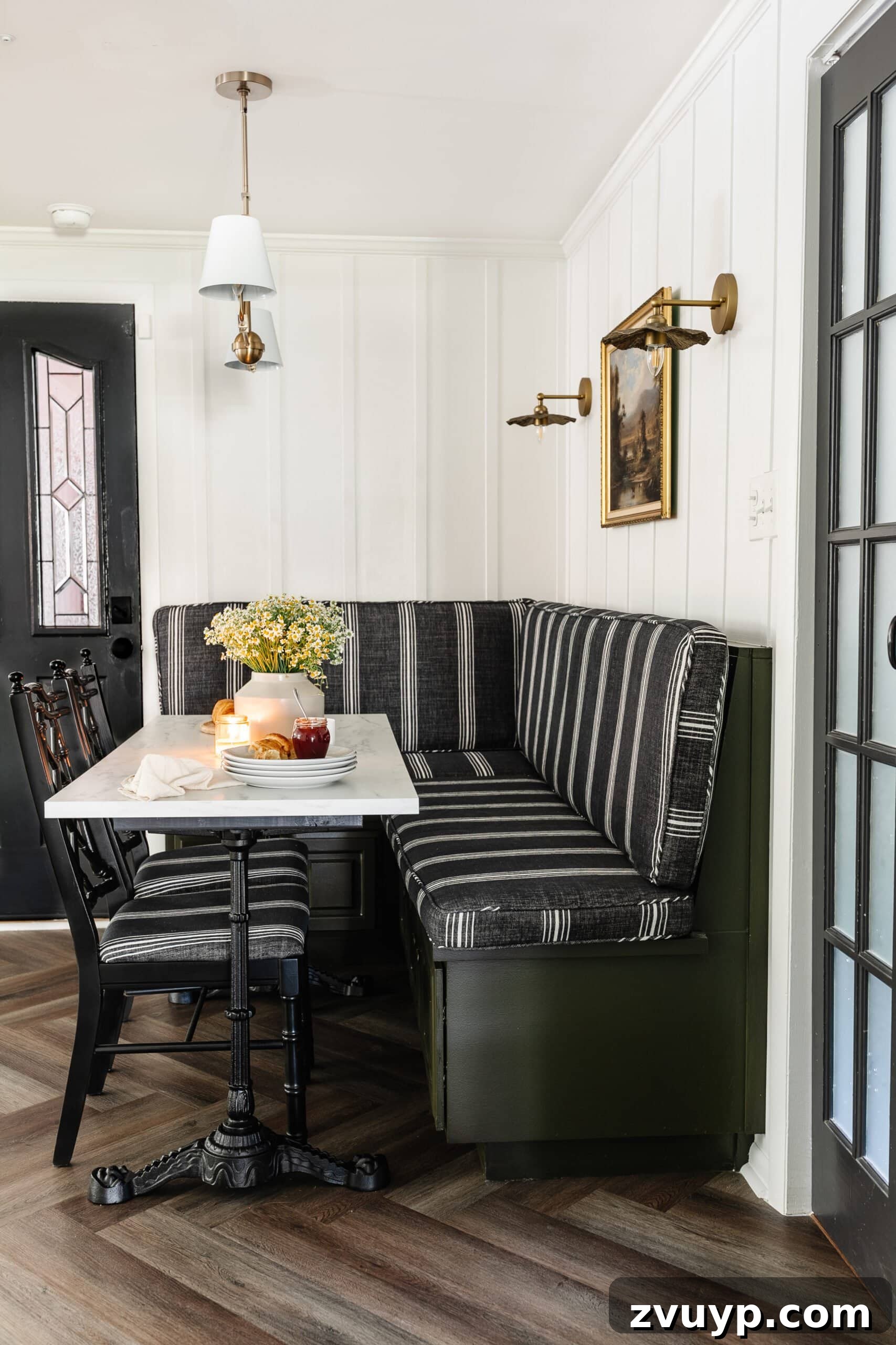 Corner Kitchen Refresh From Dated to Dazzling 30 vintage corner breakfast nook with striped bench and herringbone floors