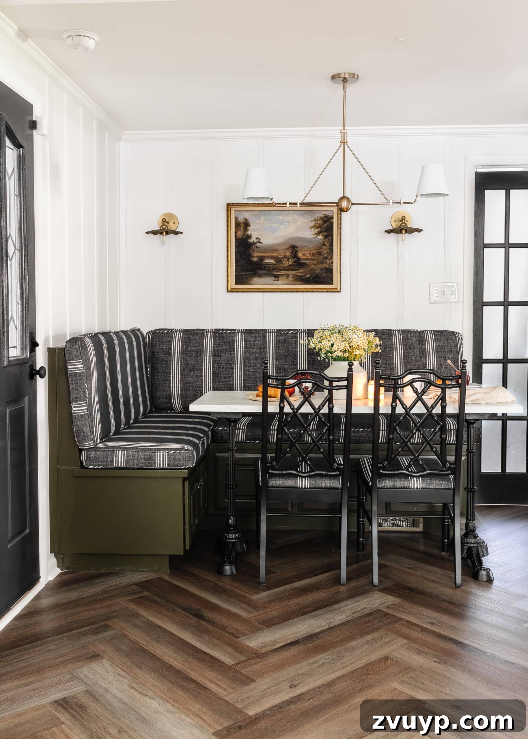 Corner Kitchen Refresh From Dated to Dazzling 31 vintage corner breakfast nook with striped bench and herringbone floors from ProCore Floors