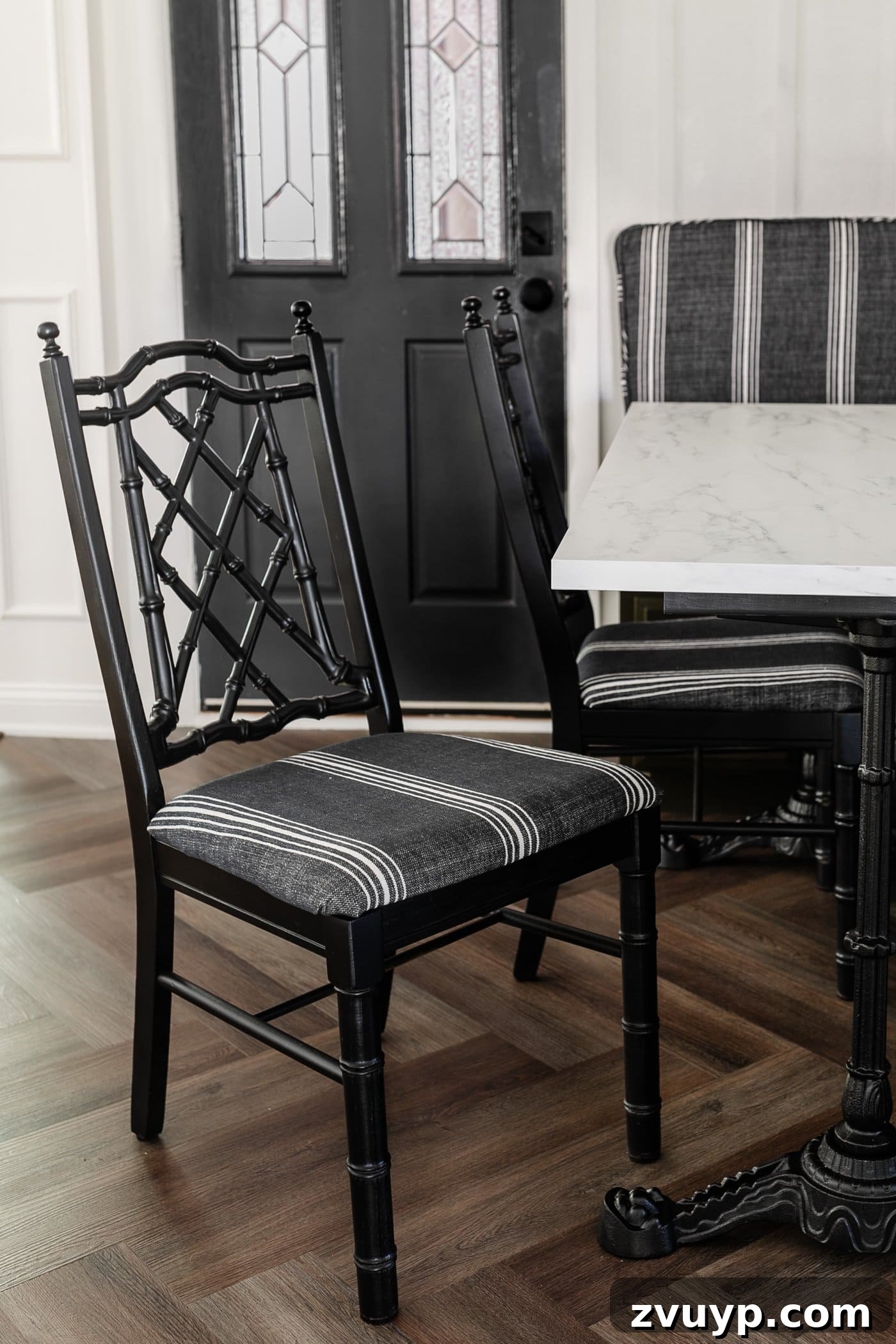 From Drab to Fab: DIY Dining Chair Reupholstery and Faux Bamboo Makeover 2 black bamboo dining chair with striped reupholstered dining chair seat