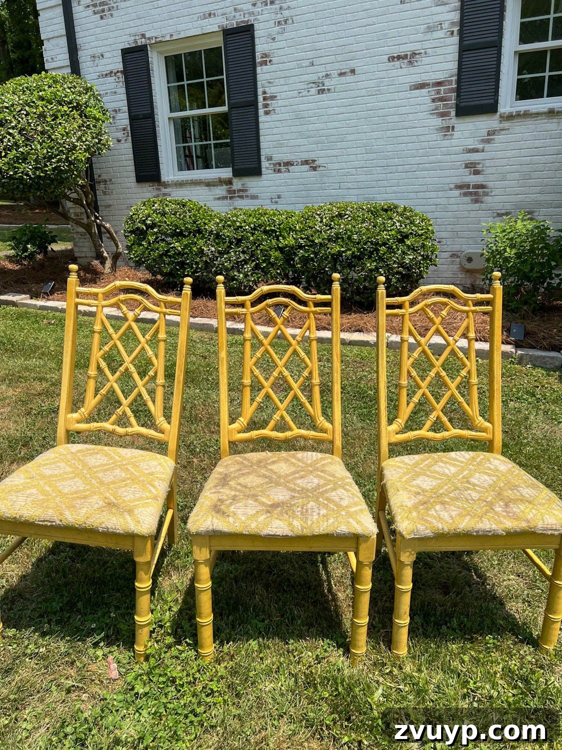 From Drab to Fab: DIY Dining Chair Reupholstery and Faux Bamboo Makeover 3 dining chairs before