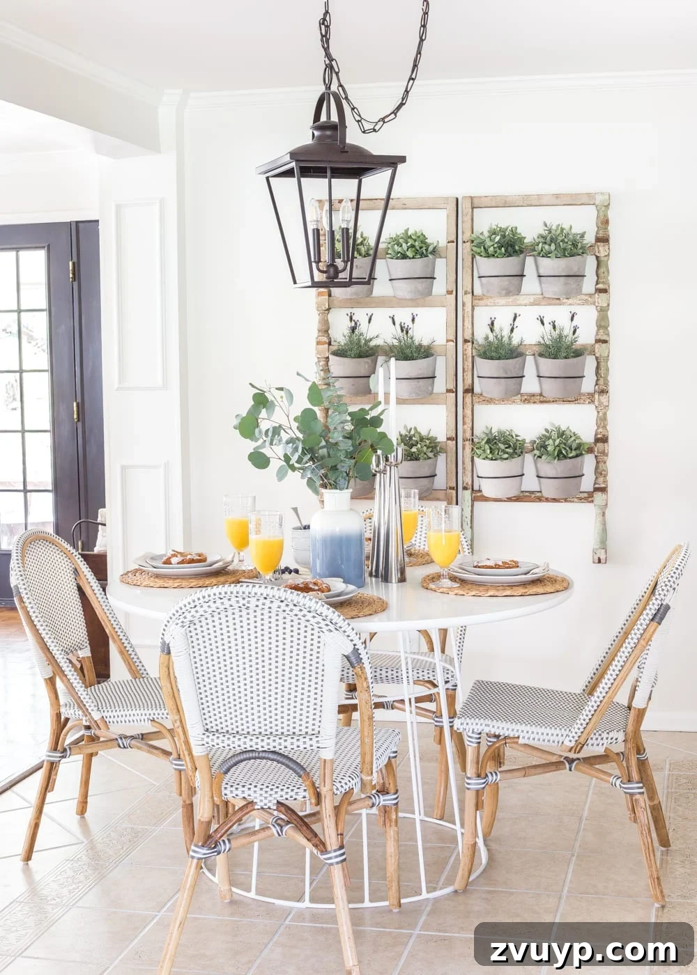 Bonjour Mornings: Your Cozy Parisian Bistro Nook 19 modern rustic breakfast nook with white modern Scandinavian table, French bistro chairs, and wall planter