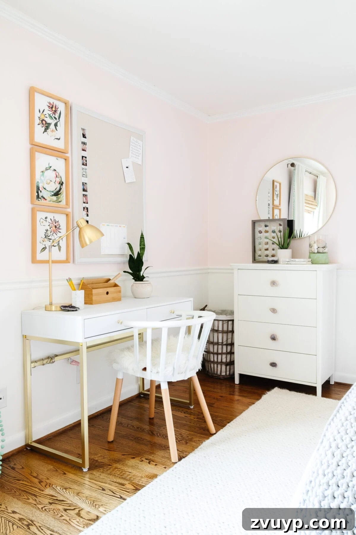 Our Home's Incredible 5-Year Transformation Tour 51 inviting blush pink girl's room featuring a soft cream rug, a practical white homework desk, a charming rattan bed, and thoughtful boho decor, creating a personalized and growing space