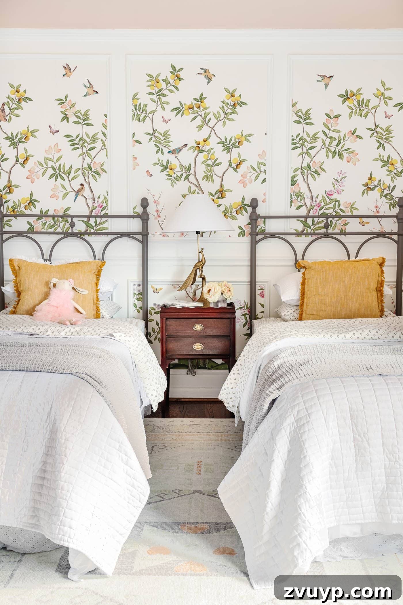 Our Home's Incredible 5-Year Transformation Tour 55 charming cottagecore girl's bedroom with a delicate blush pink ceiling, exquisite chinoiserie wallpaper, timeless vintage twin beds, classic wood furniture, and elegant picture frame molding, creating a serene and imaginative space