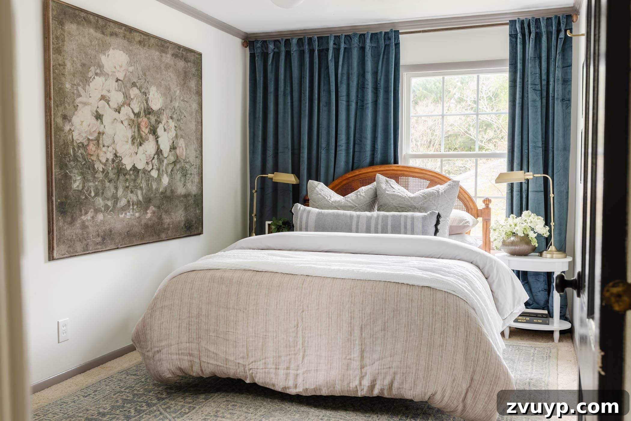 Our Home's Incredible 5-Year Transformation Tour 58 inviting guest bedroom featuring elegant blue curtains, a cleverly placed bed in front of an off-center window, and a striking oversized floral art painting, creating a stylish and comfortable retreat