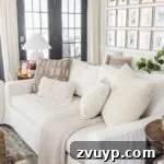 neutral throw pillows on a sofa in a living room with fall decor