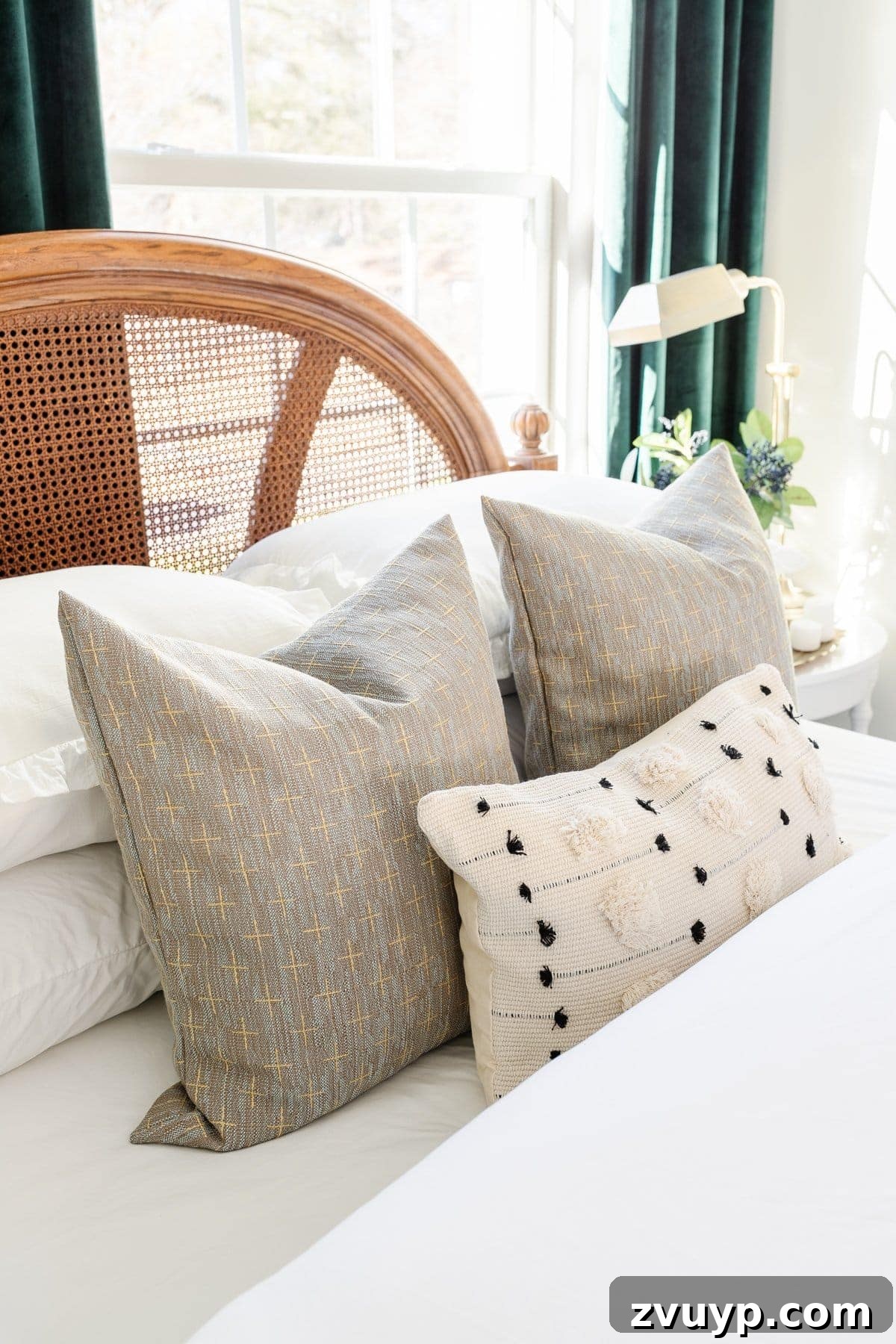 khaki and cream early fall pillows on a bed