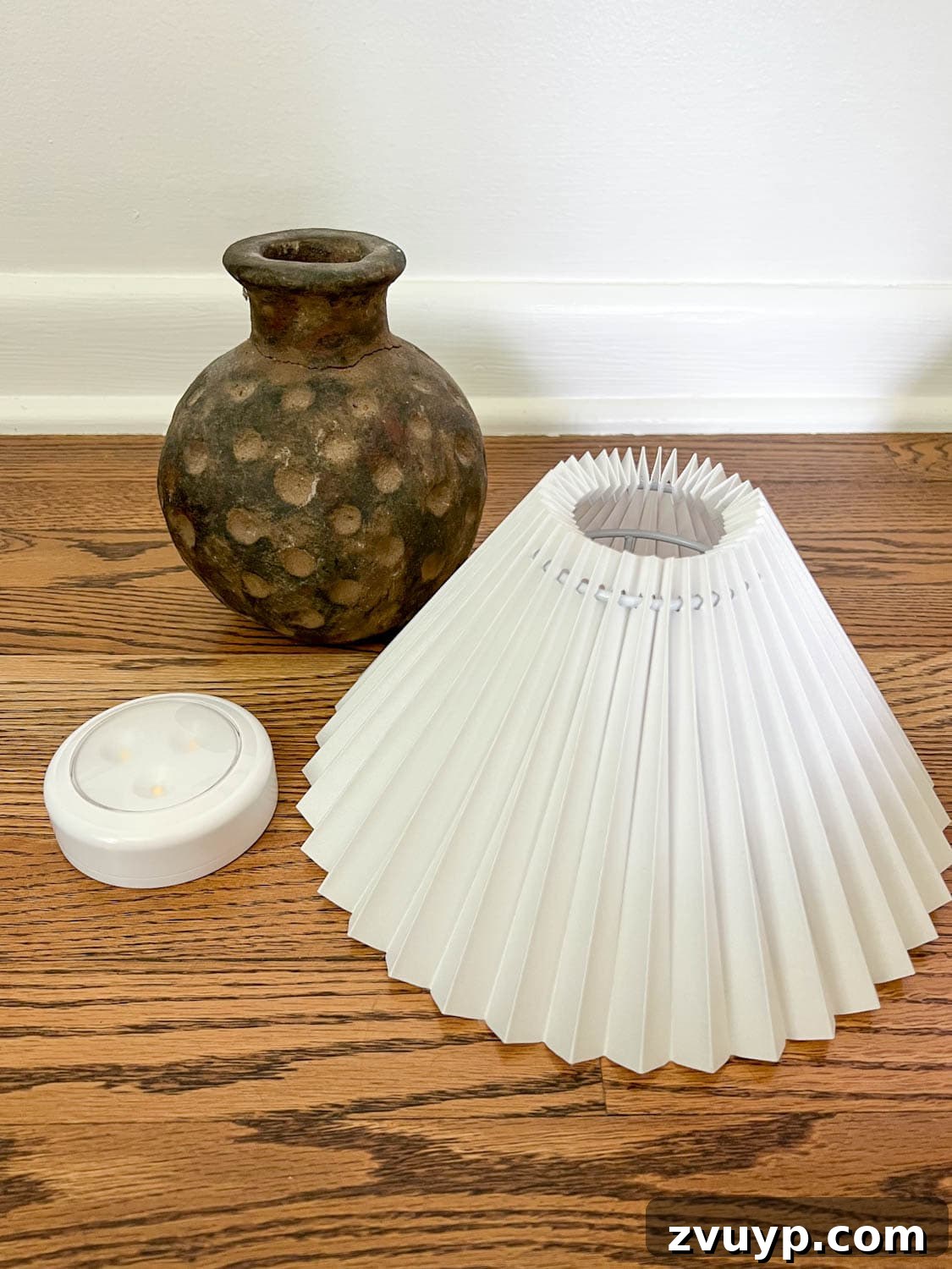 Vase to Lamp Cordless Terracotta Project 5 terracotta vase, pleated lamp shade, and puck light