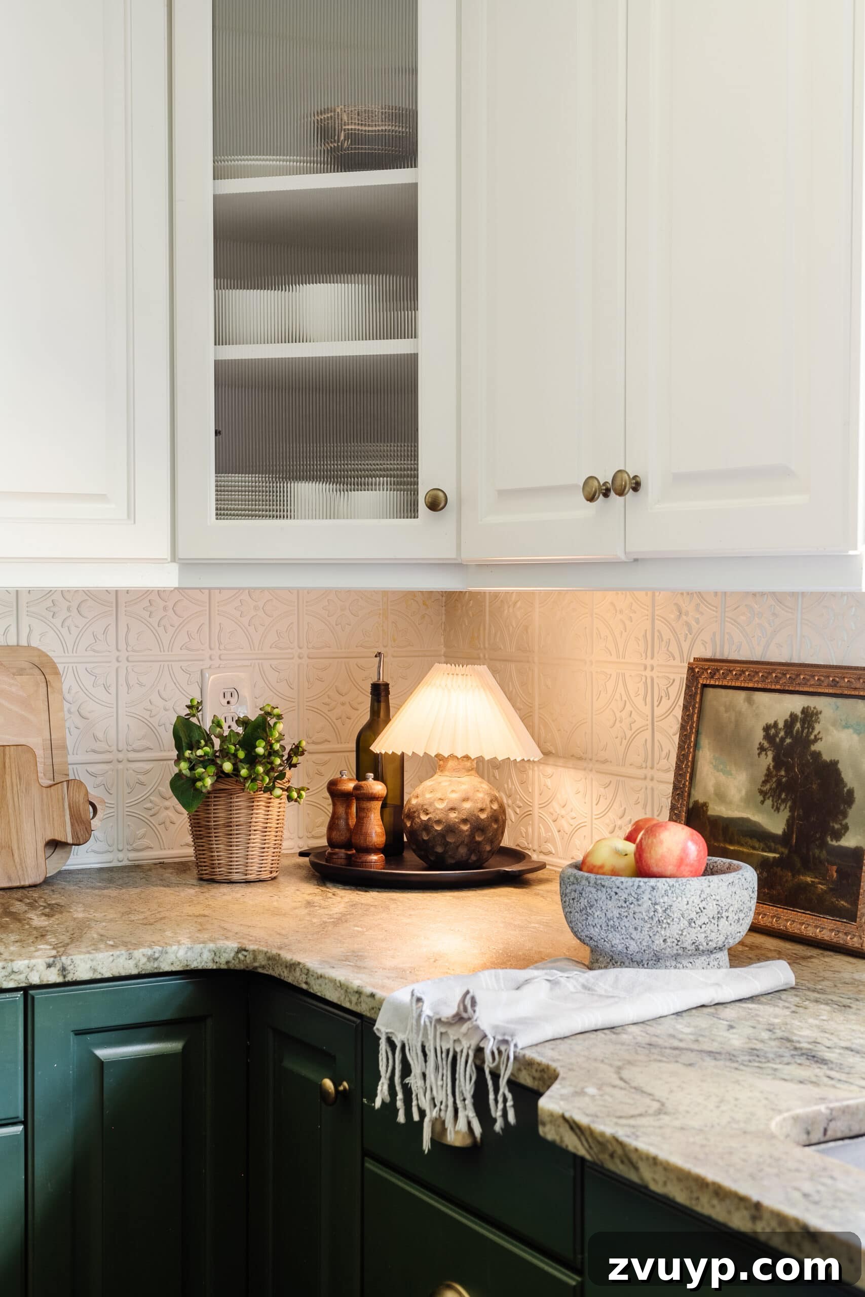 Vase to Lamp Cordless Terracotta Project 8 cordless DIY mini lamp on a kitchen countertop with bowl of apples, kitchen art, and planter