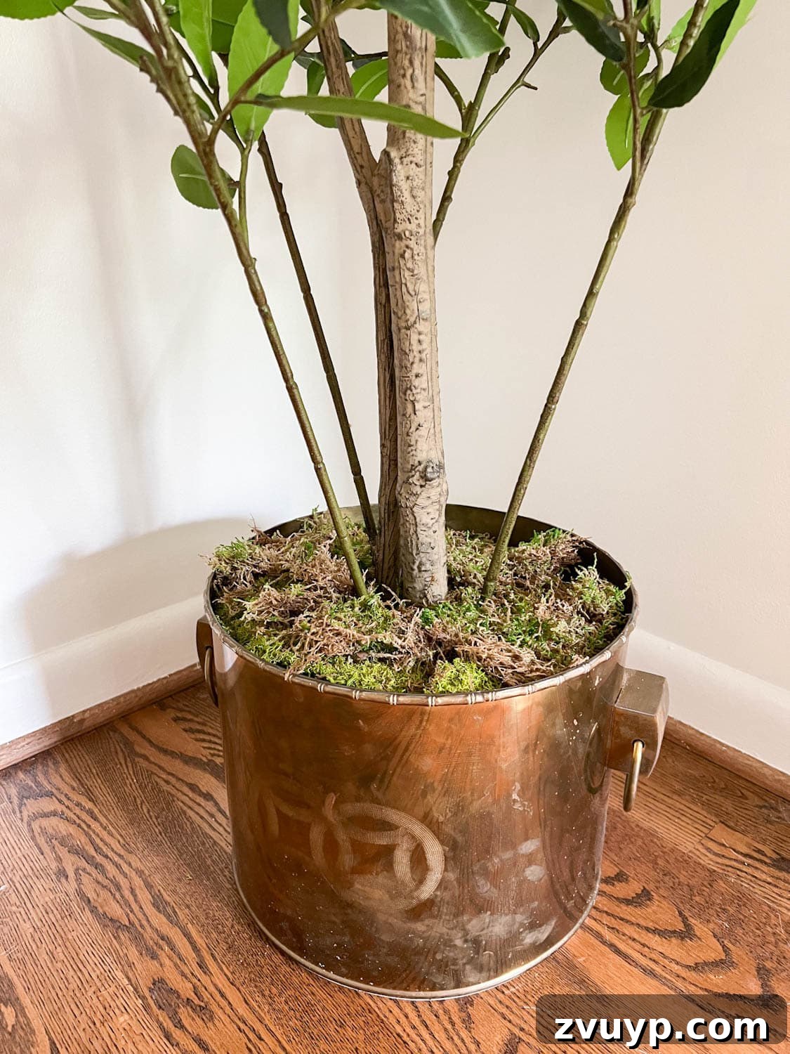 vintage brass planter stuffed with bubble wrap and moss to make a faux tree look realistic