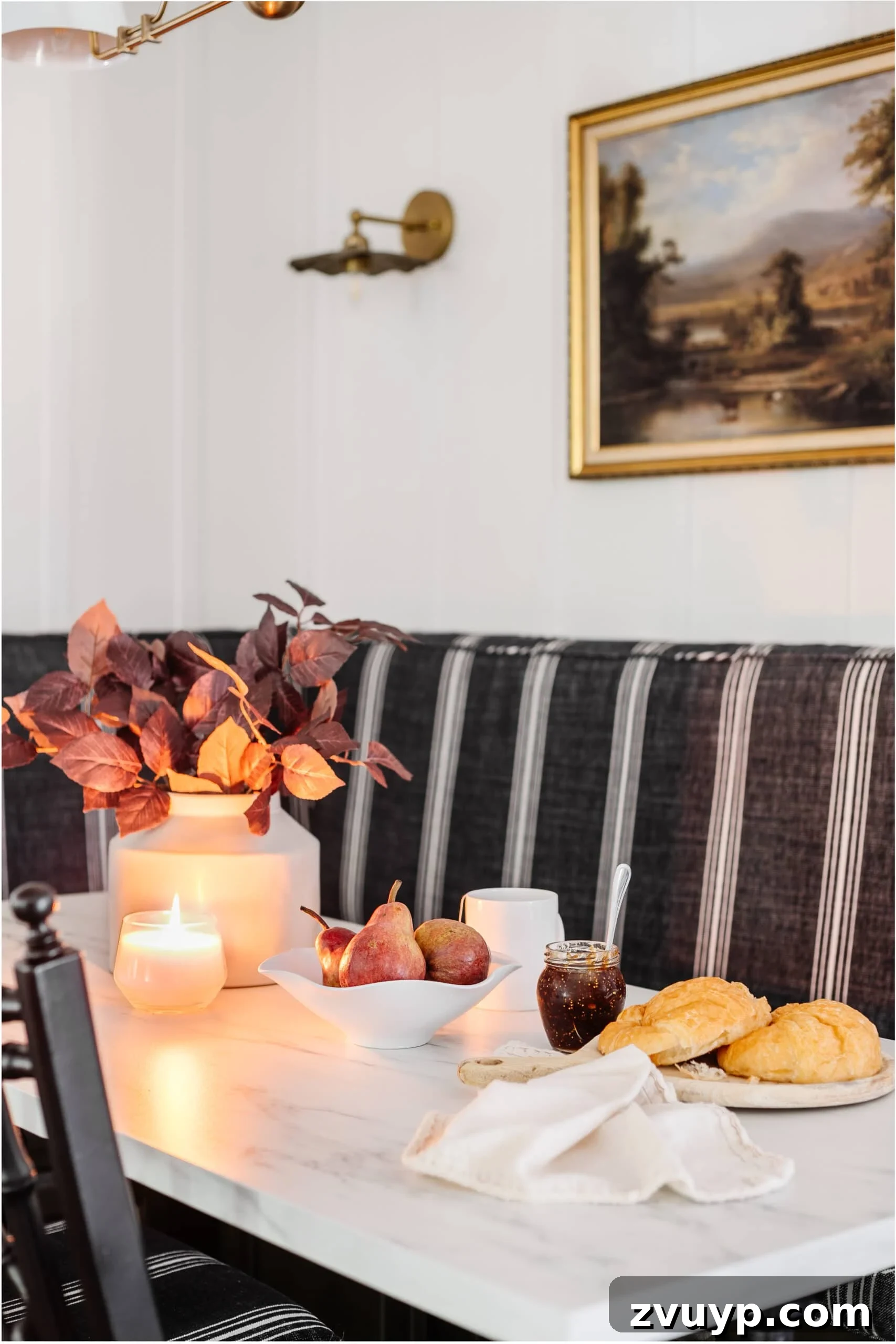 Scalloped Bowl Trend: White Spray Paint Thrift Flip 9 Elegant scalloped fruit bowl filled with fresh pears, set on a dining room table beautifully decorated for fall.