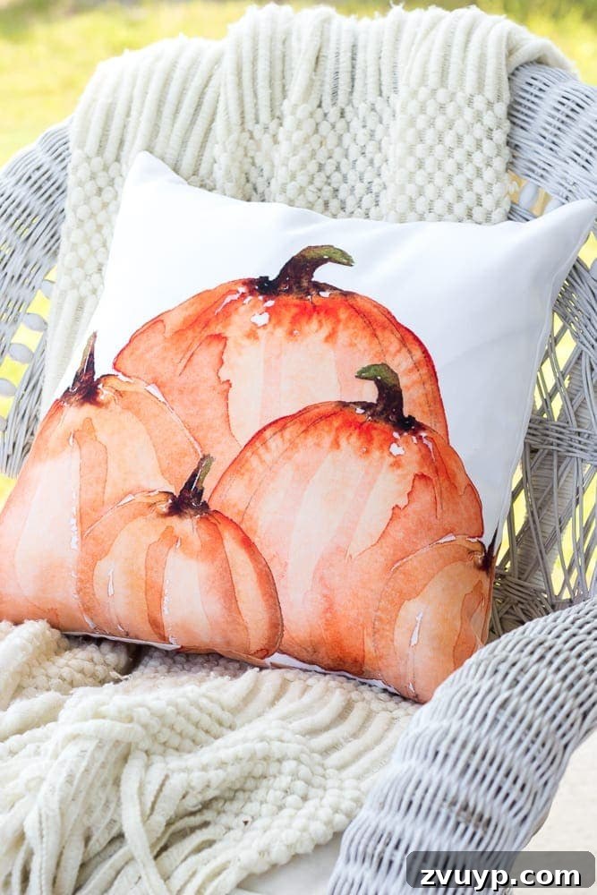 fall pillow with pumpkins on a porch