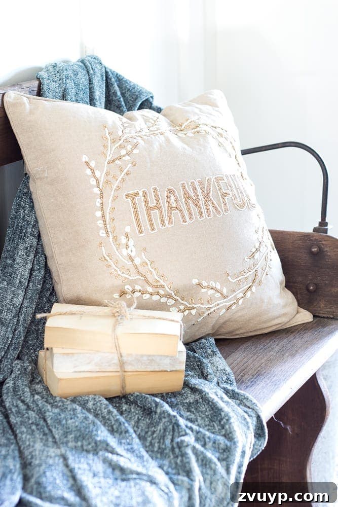 fall pillow with Thankful and beaded wreath