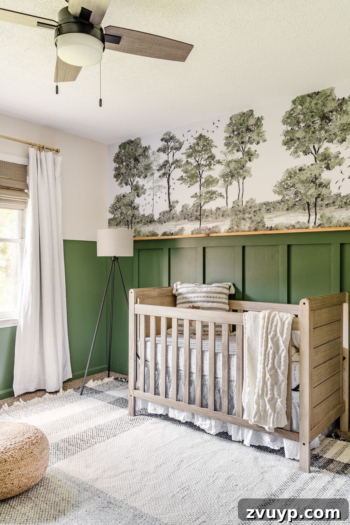 Timeless Wallpaper Designs for Teen Bedrooms and Kids Play Areas 3 Enchanting forest style wallpaper mural in a nursery, complemented by green board and batten