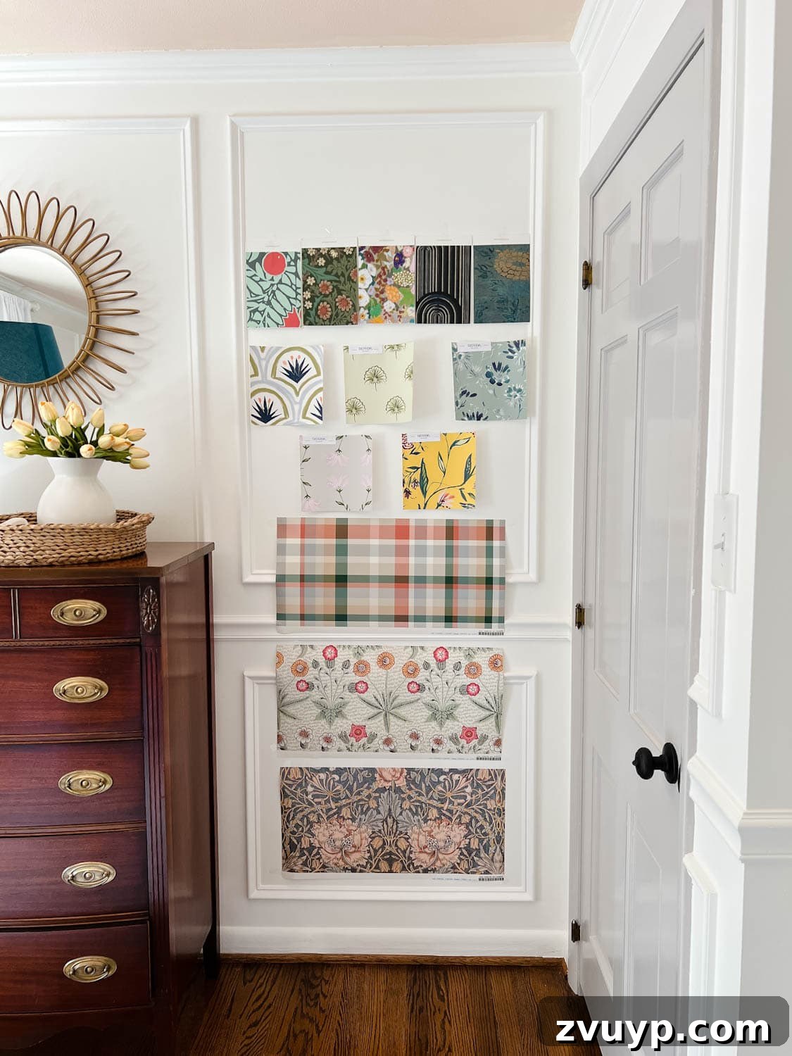 Timeless Wallpaper Designs for Teen Bedrooms and Kids Play Areas 5 Close-up of vintage style wallpaper swatches displayed on a bedroom wall for comparison