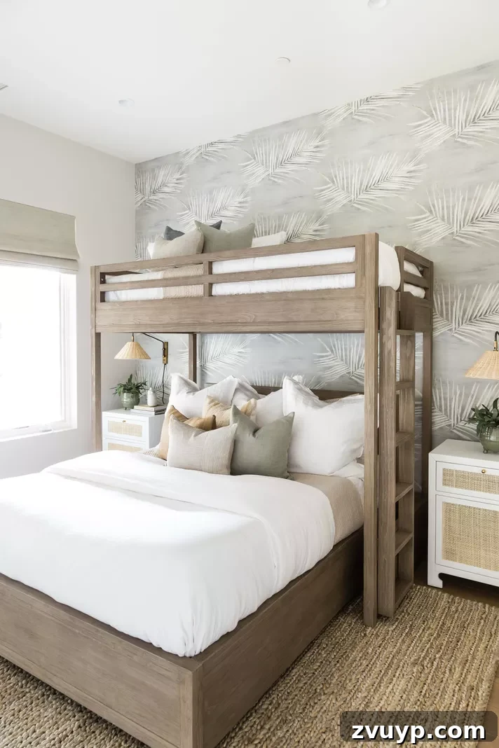 Smart Bunk Beds to Maximize Small Bedrooms 13 Coastal style shared bedroom with twin-over-full bunk beds for three, featuring serene blue, gray, and white hues for a calming ambiance.