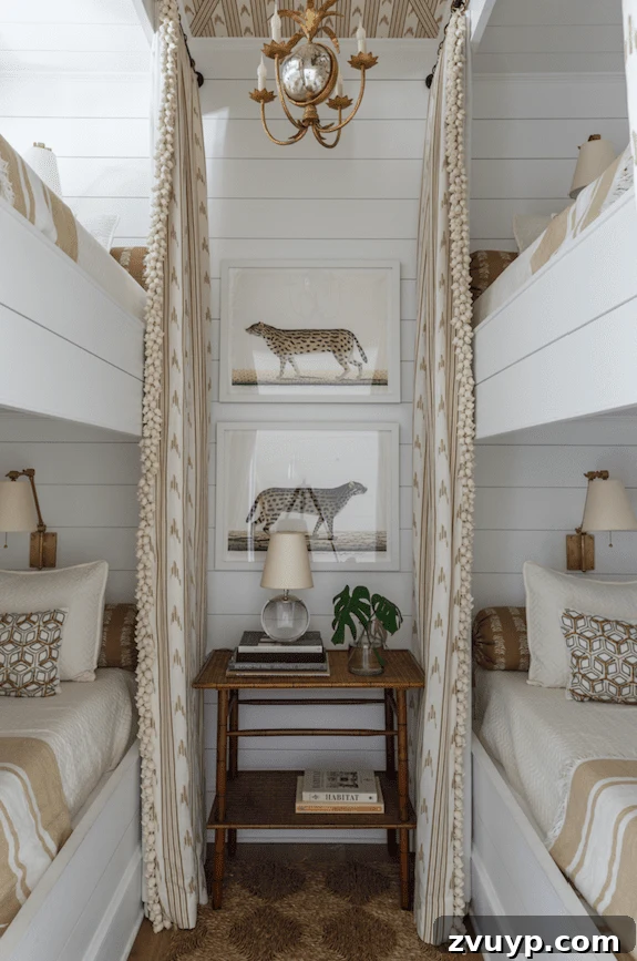 Smart Bunk Beds to Maximize Small Bedrooms 15 Coastal grandmother cottage style bunk bed curtains for a 4-person shared bedroom, offering privacy and a charming aesthetic in a small room.