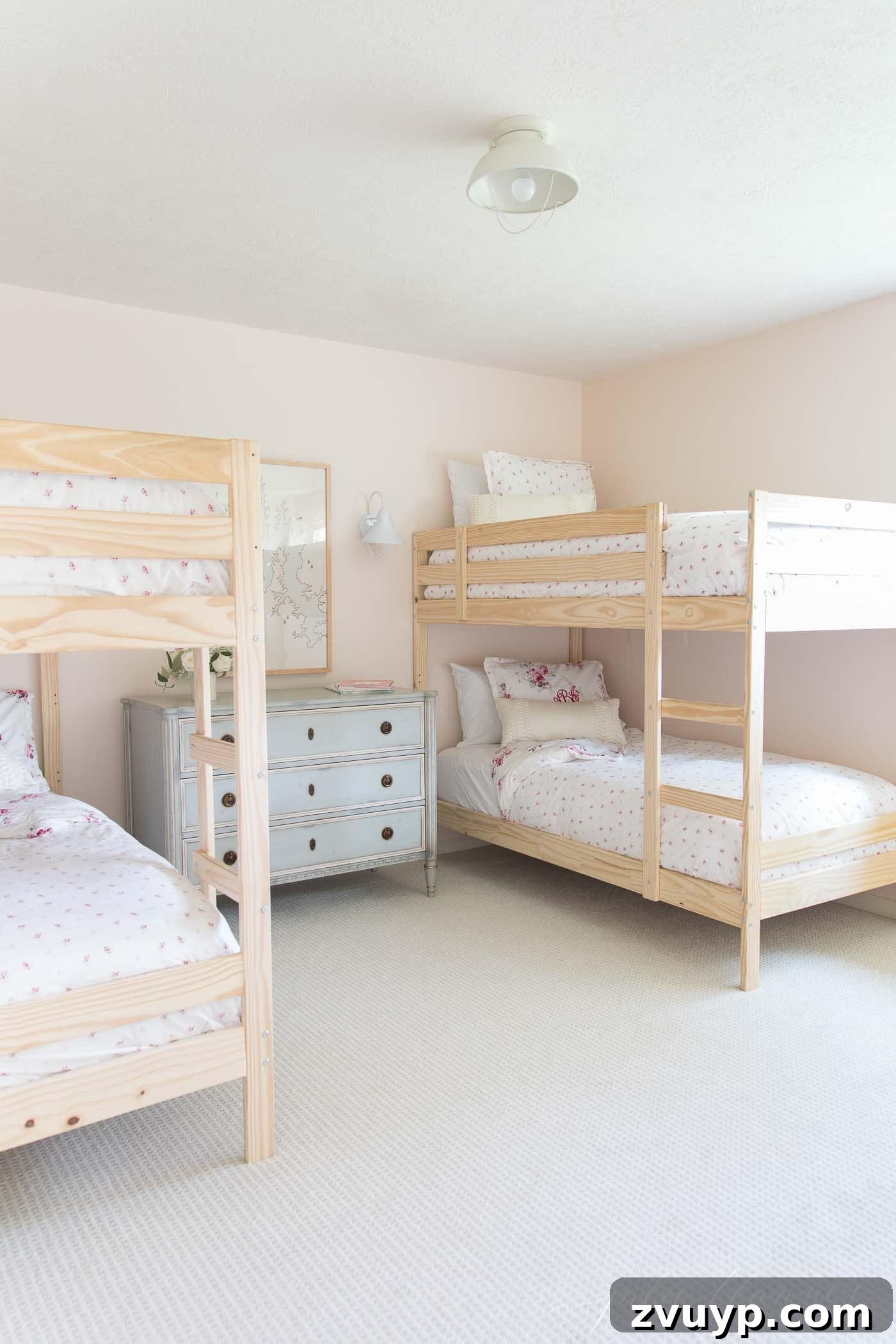 Smart Bunk Beds to Maximize Small Bedrooms 17 Blush pink shared bedroom for four people with two natural wood bunk beds, bringing warmth and timeless appeal to the space.