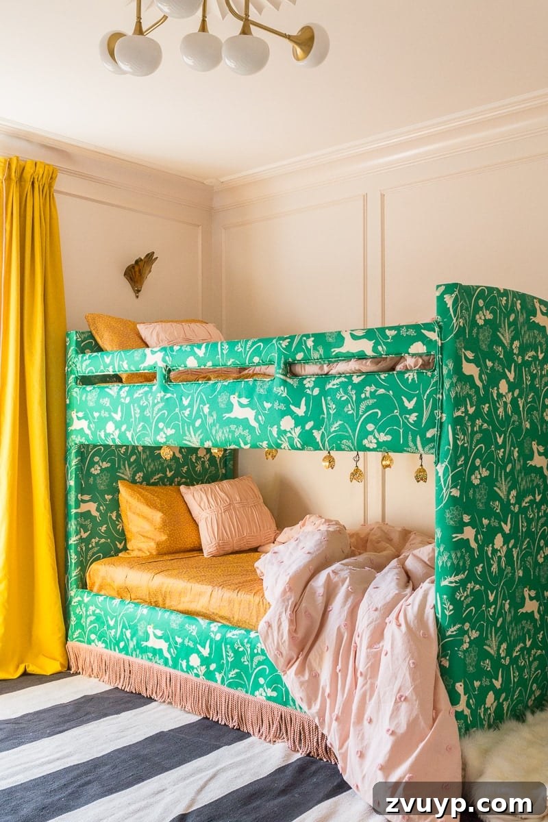 Smart Bunk Beds to Maximize Small Bedrooms 21 DIY upholstered bunk bed idea featuring blush pink walls and yellow curtains, creating a luxurious and personalized sleeping area.