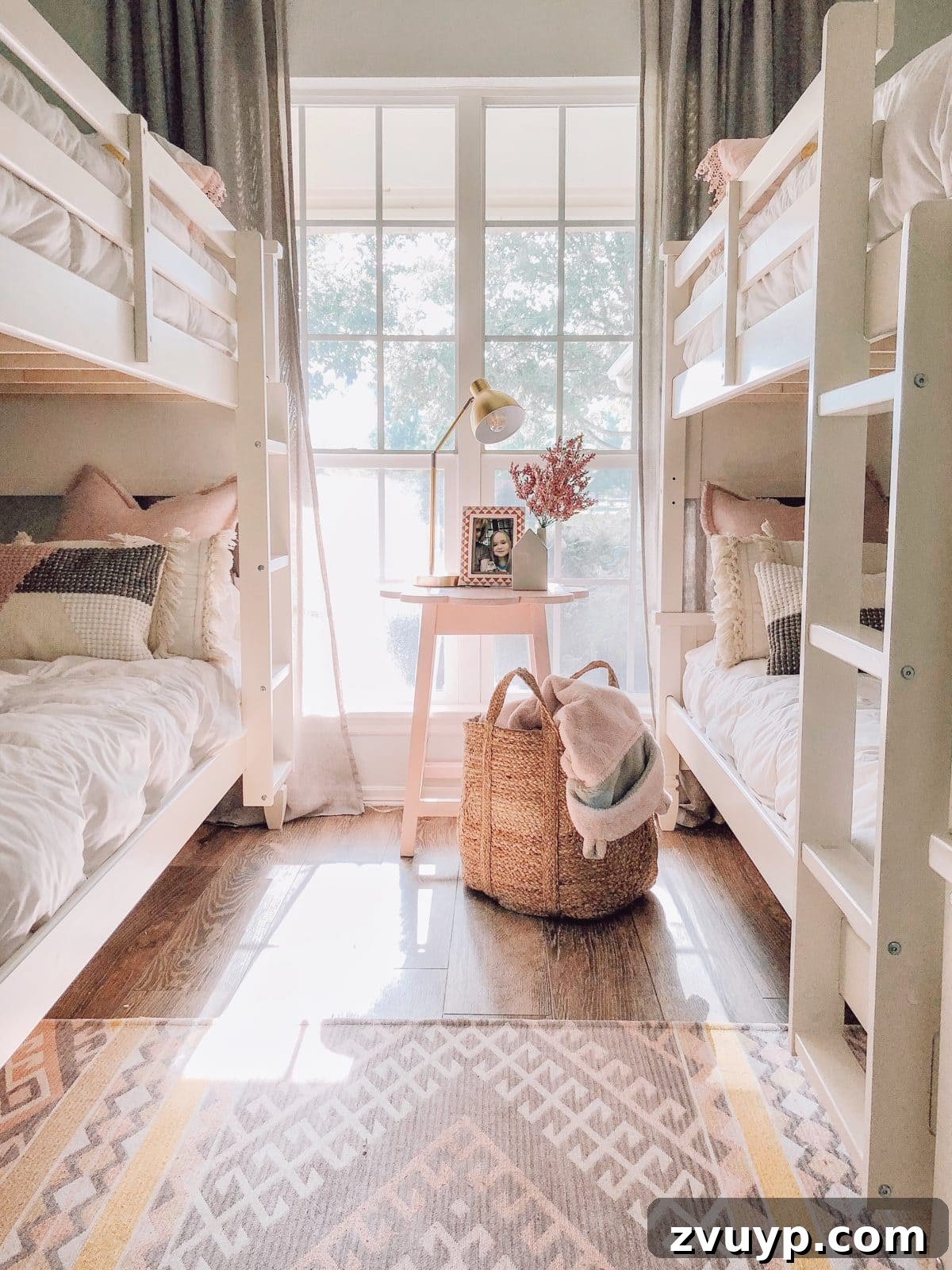 Smart Bunk Beds to Maximize Small Bedrooms 8 Two bunk beds perfectly framing a window, creating a striking and functional layout for a 4-person shared bedroom with ample light.