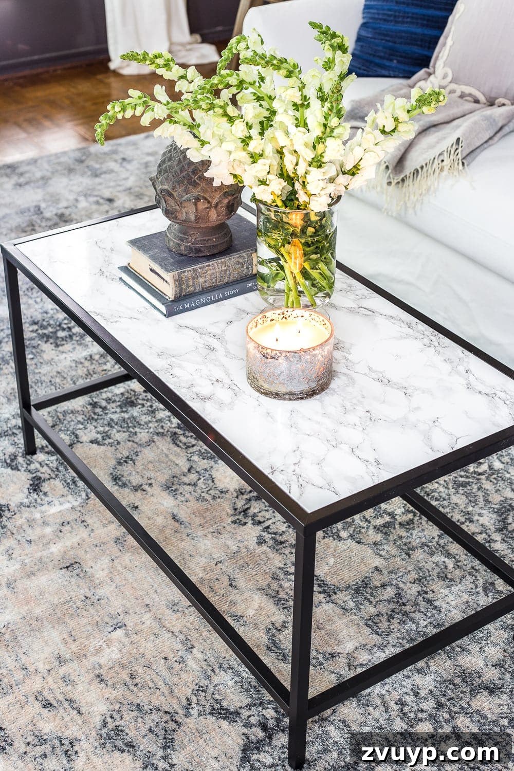 Instant Burl Wood Luxury IKEA Dresser Makeover 14 white marble contact paper on an IKEA coffee table hack