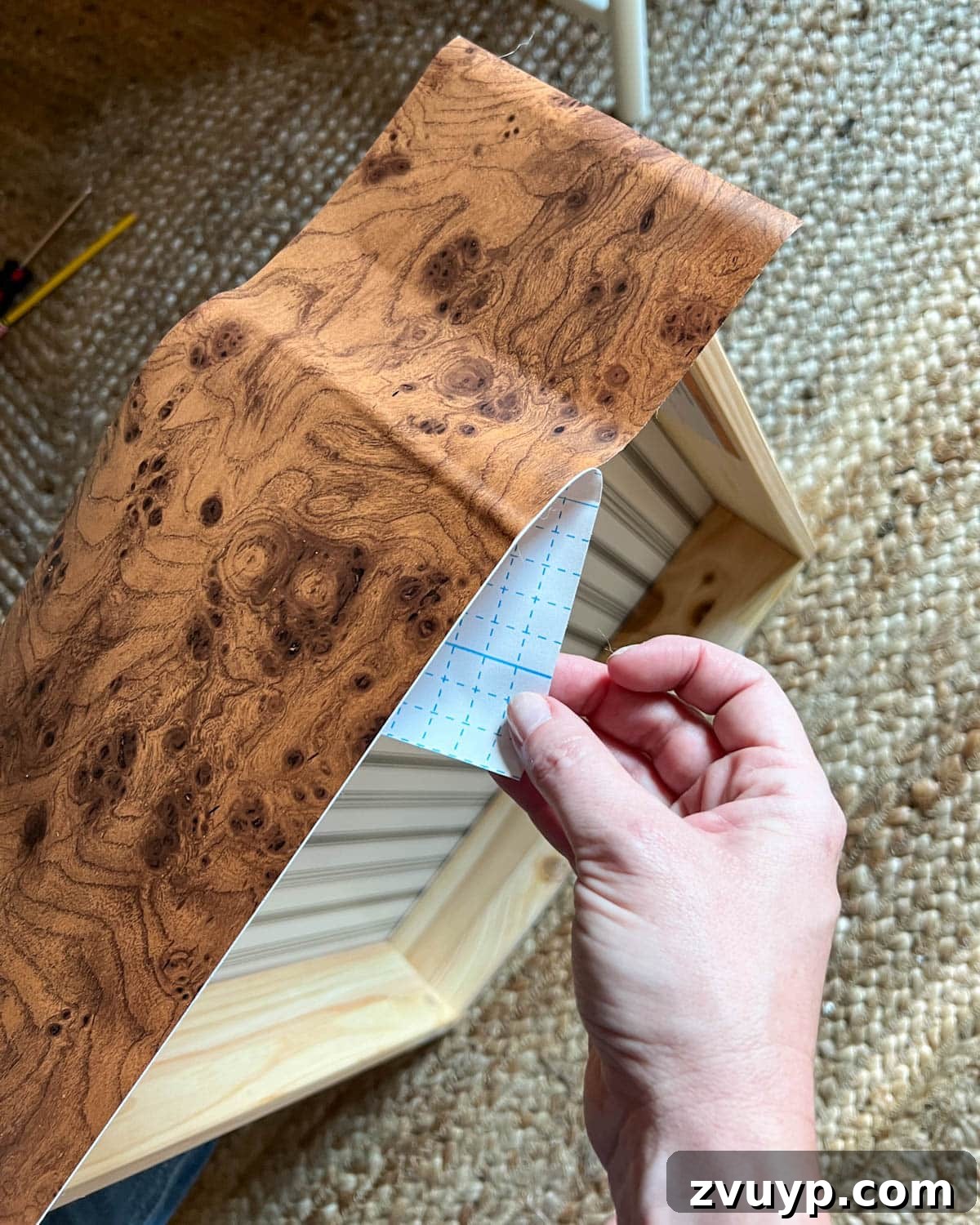 Instant Burl Wood Luxury IKEA Dresser Makeover 7 sticking burl wood contact paper to dresser drawer front