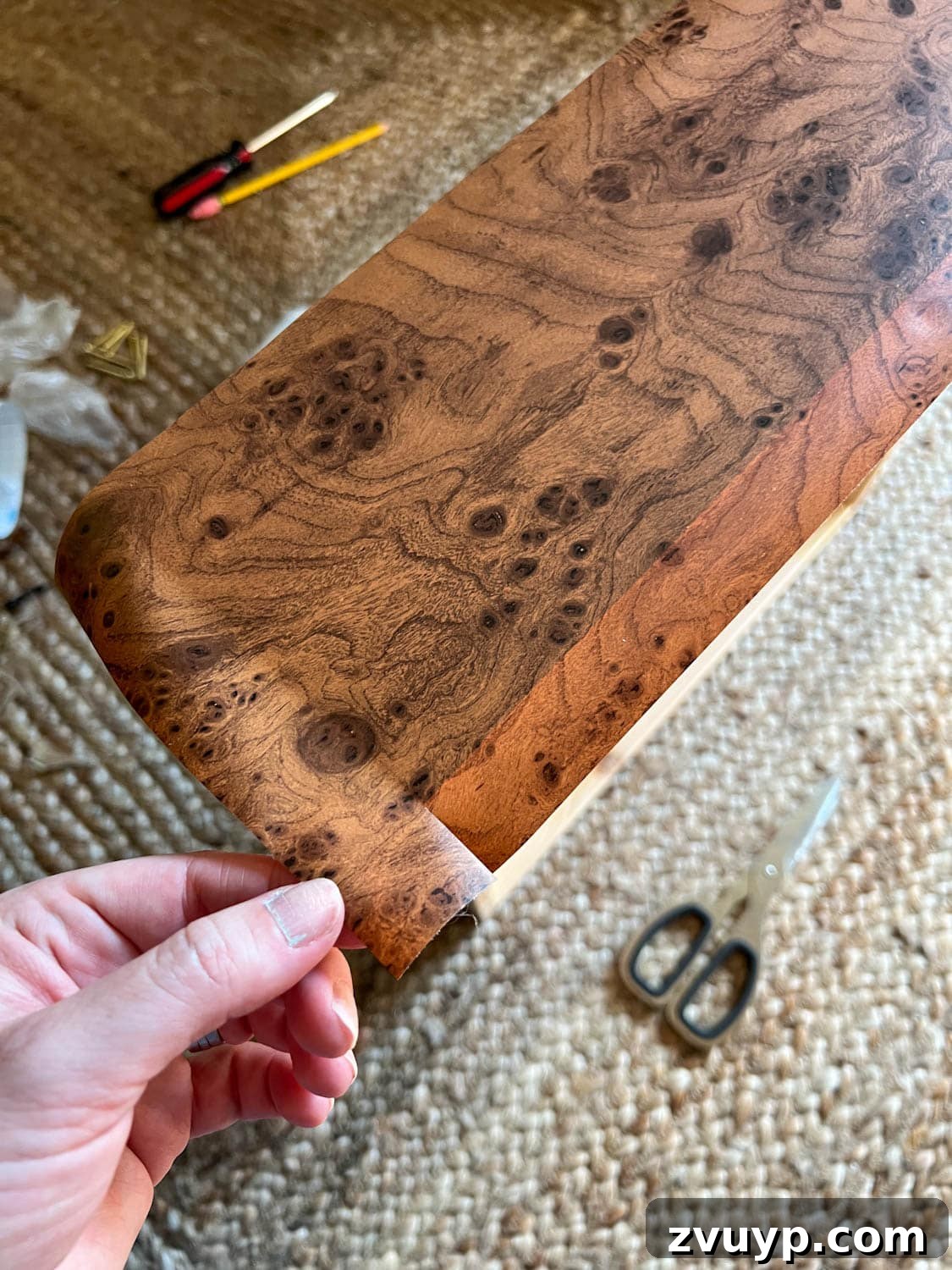 Instant Burl Wood Luxury IKEA Dresser Makeover 9 cutting excess contact paper for furniture wrapping