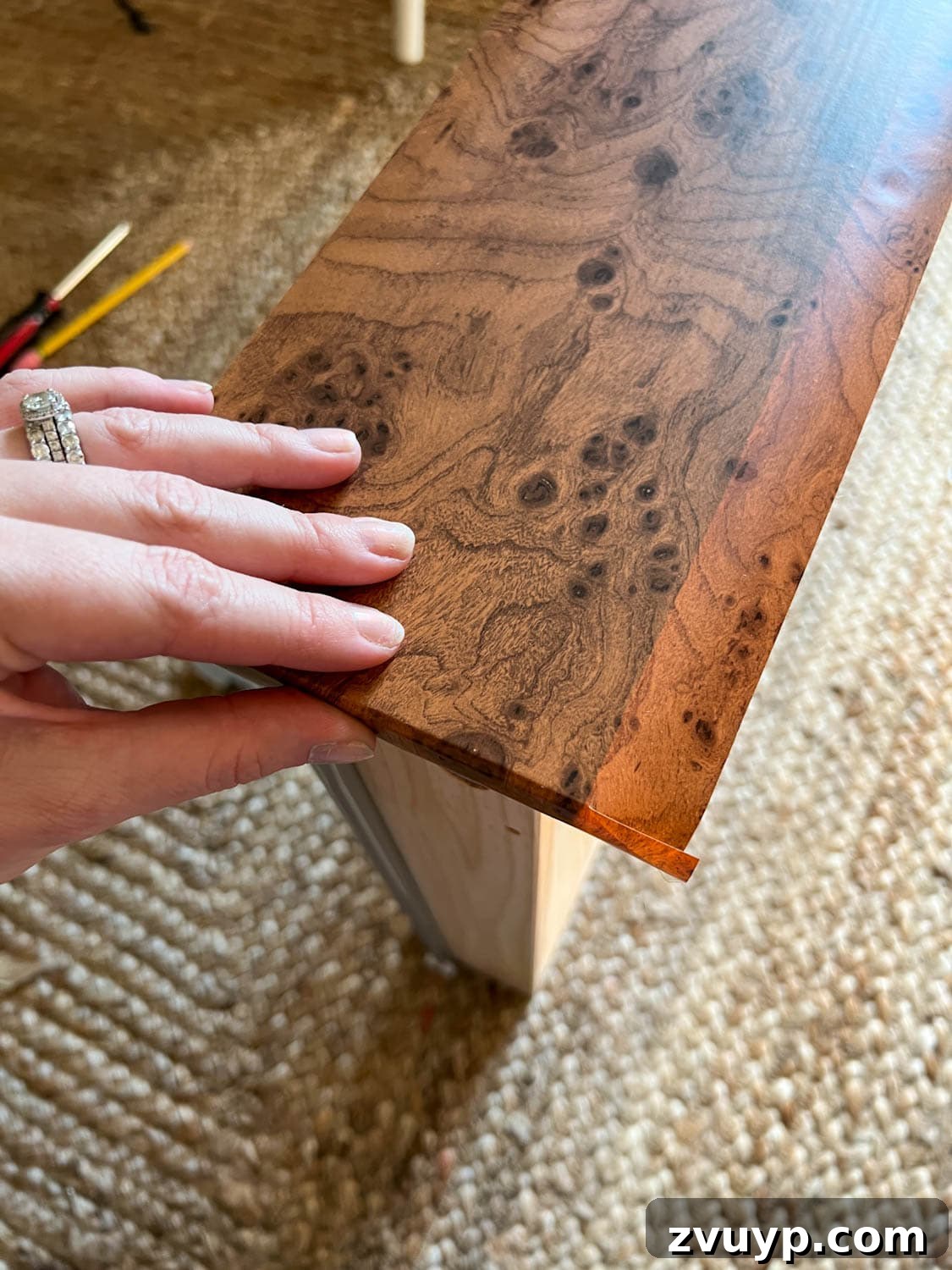 Instant Burl Wood Luxury IKEA Dresser Makeover 10 making a flap with contact paper for a dresser drawer