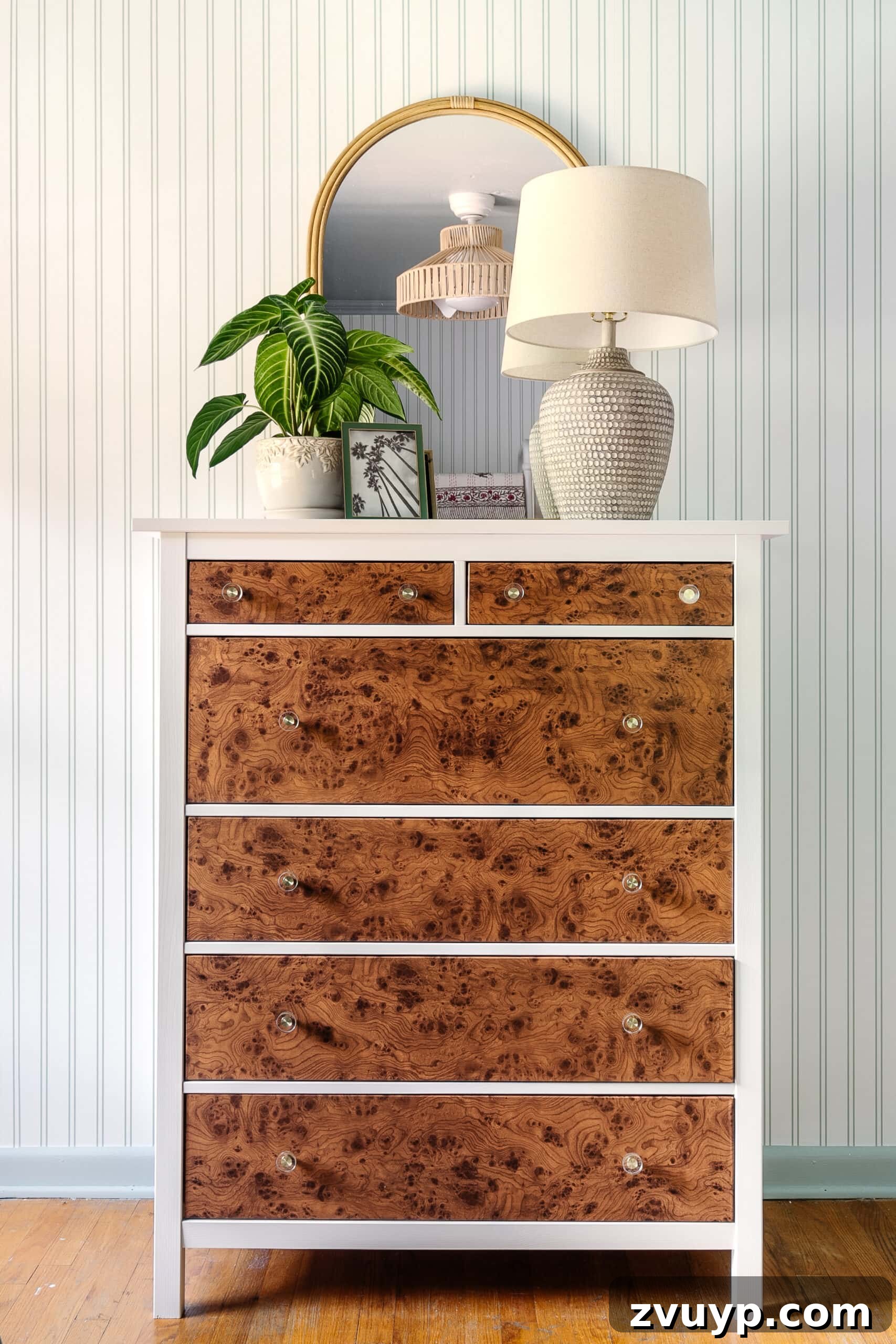 Ultimate Triple Bunk Beach Pad for Teens 10 IKEA hack burl wood dresser using contact paper with arched rattan mirror and coastal lamp