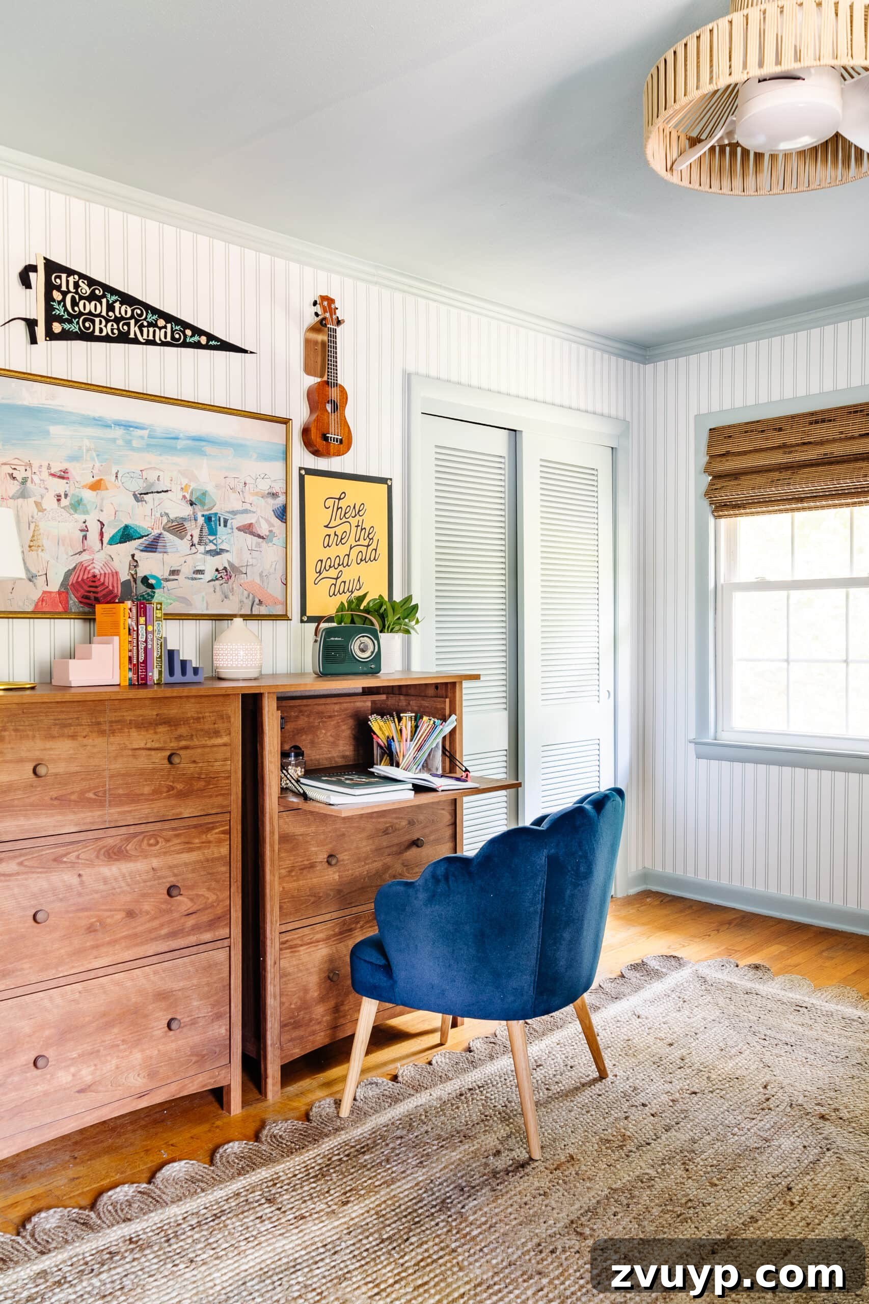 Ultimate Triple Bunk Beach Pad for Teens 13 shared teenage bedroom with beach themed bedroom gallery wall, dresser desks, scalloped jute rug, and blue ceiling