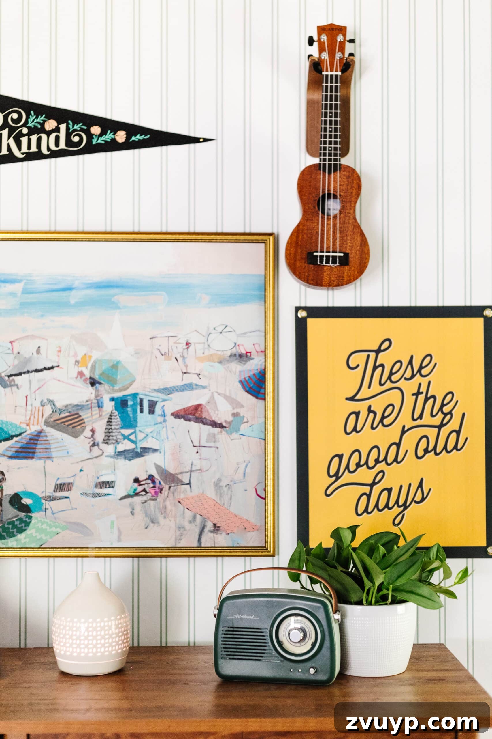 Ultimate Triple Bunk Beach Pad for Teens 17 wireless speaker radio on dresser with gallery wall in teenage beach themed bedroom