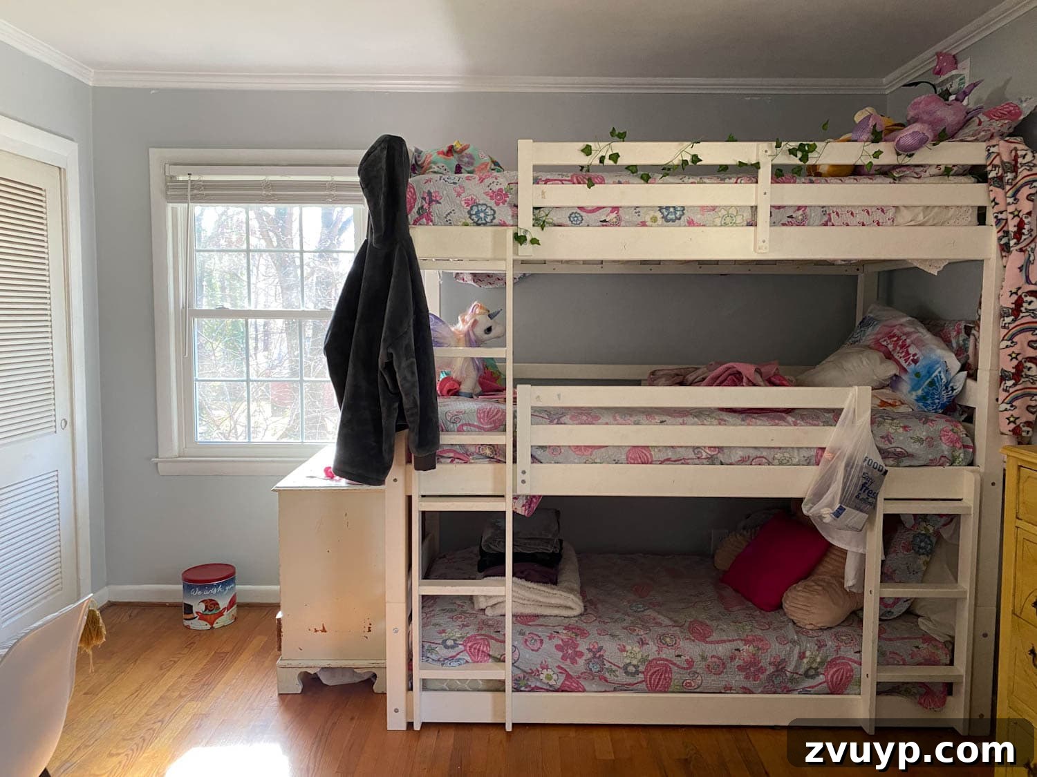 Ultimate Triple Bunk Beach Pad for Teens 24 triple bunk bed in shared teenage bedroom before