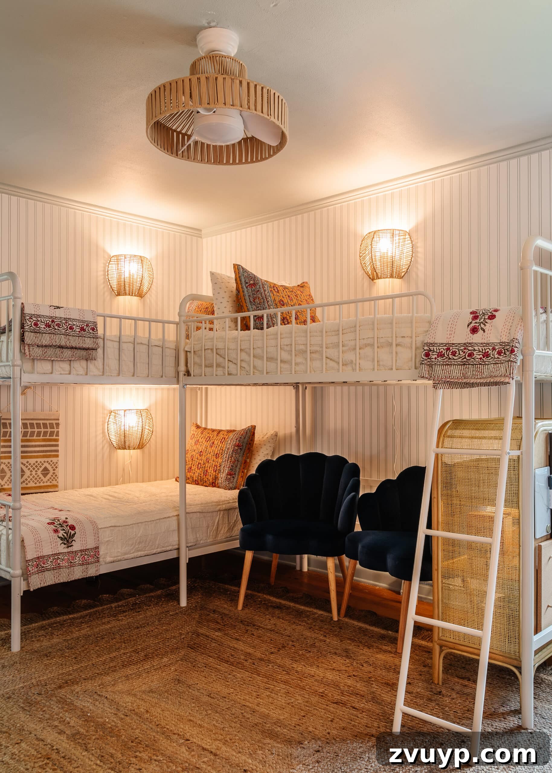 Ultimate Triple Bunk Beach Pad for Teens 25 wall lamps beside triple bunk bed in shared bedroom with fandelier light fixture