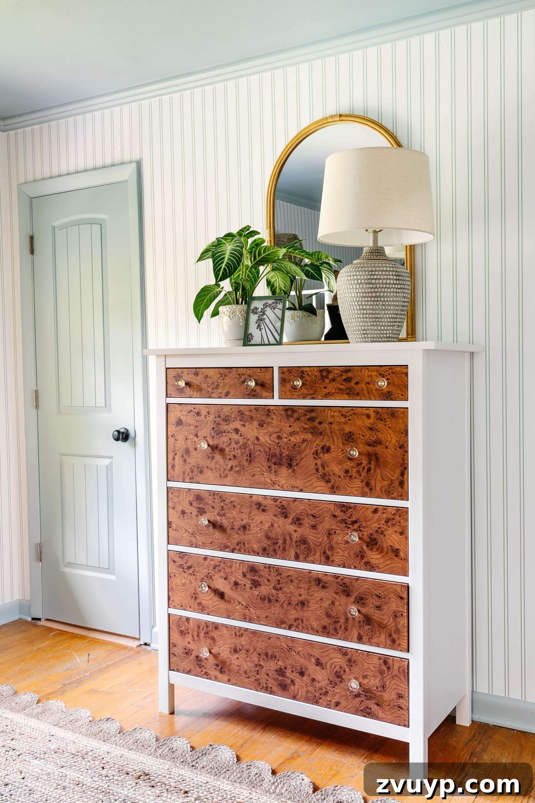 Ultimate Triple Bunk Beach Pad for Teens 26 coastal decor on top of vintage dresser IKEA hack with blue door and striped wallpaper