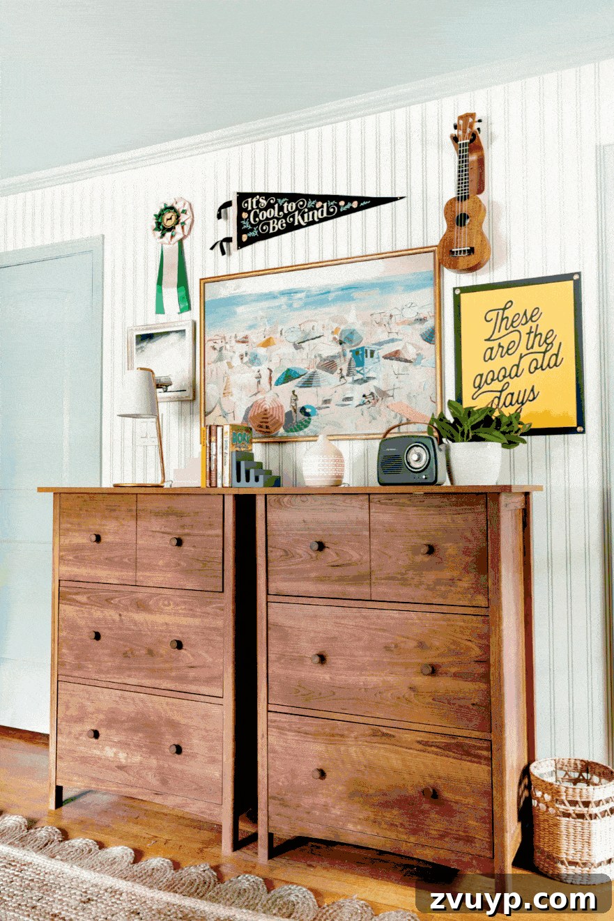 Ultimate Triple Bunk Beach Pad for Teens 4 dresser desks in a shared teenage bedroom with camp art and coastal wall decor