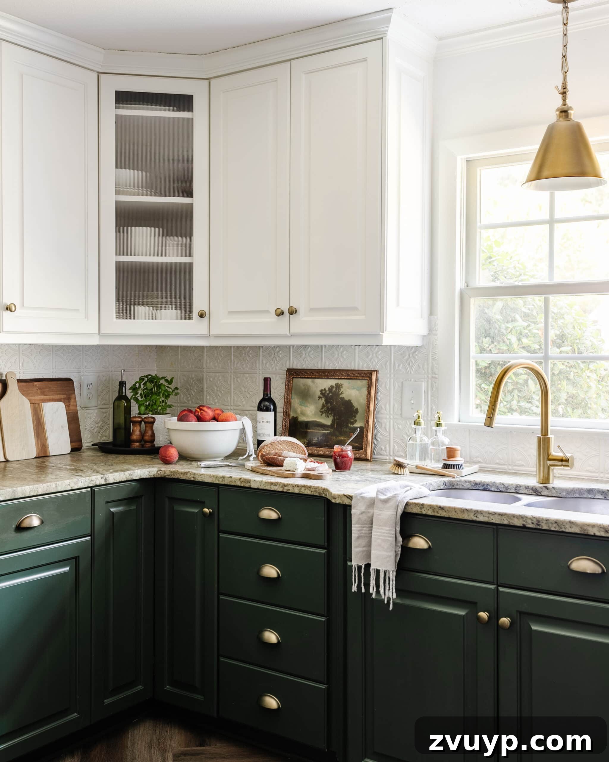 16 Natural Secrets for an Exquisitely Scented Home 24 cleaned kitchen sink and kitchen countertop decor with white and green cabinets