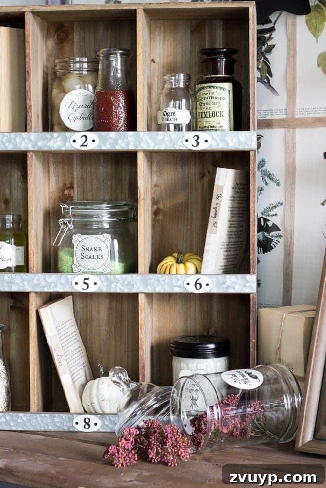 Sophisticated Scares: 30 Vintage Halloween Decor Must-Haves 4 glass jars and bottles with vintage halloween potion labels and kitchen ingredients