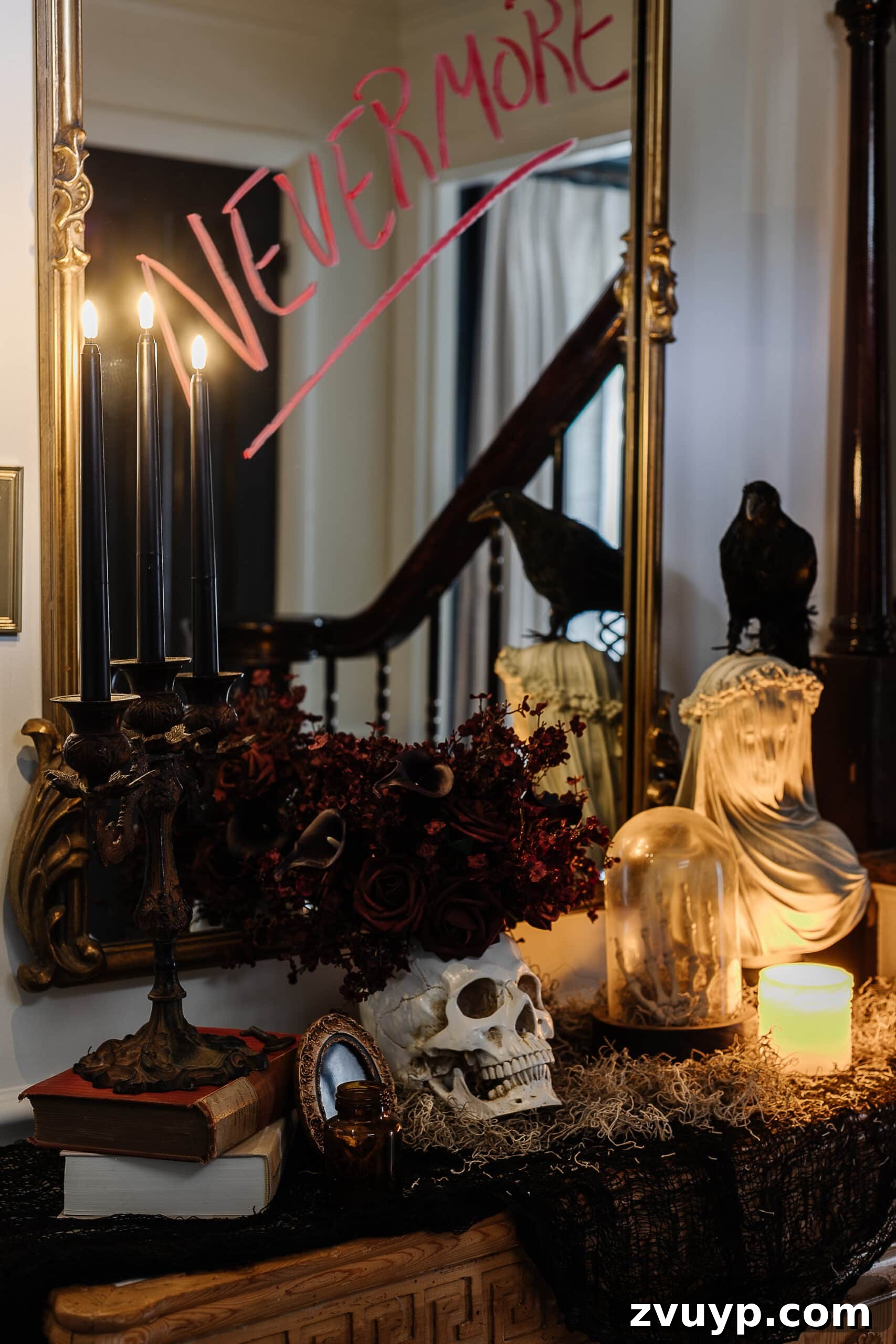 haunted house halloween decor on entryway table