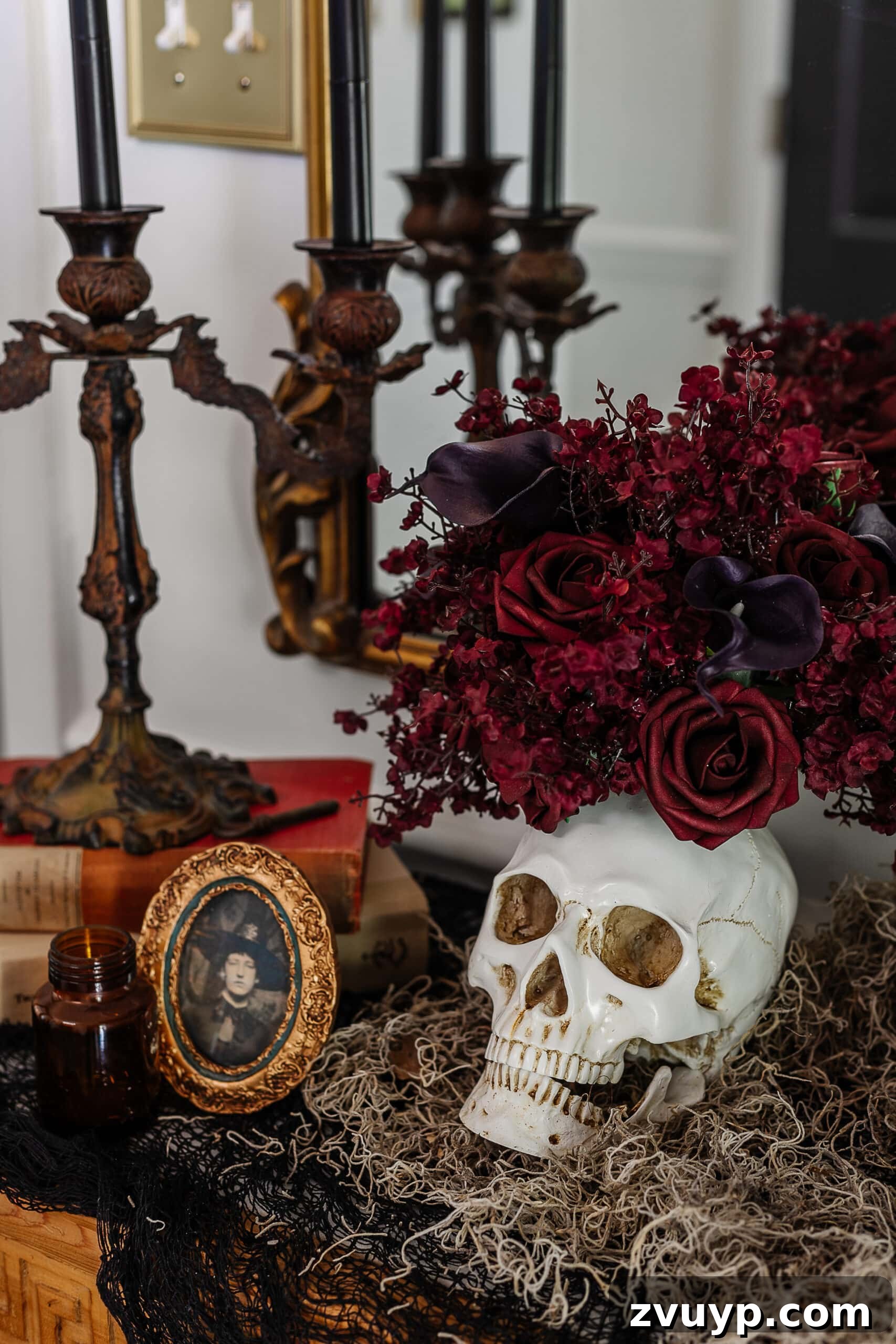 DIY skull vase, Halloween portrait, and vintage Halloween decor