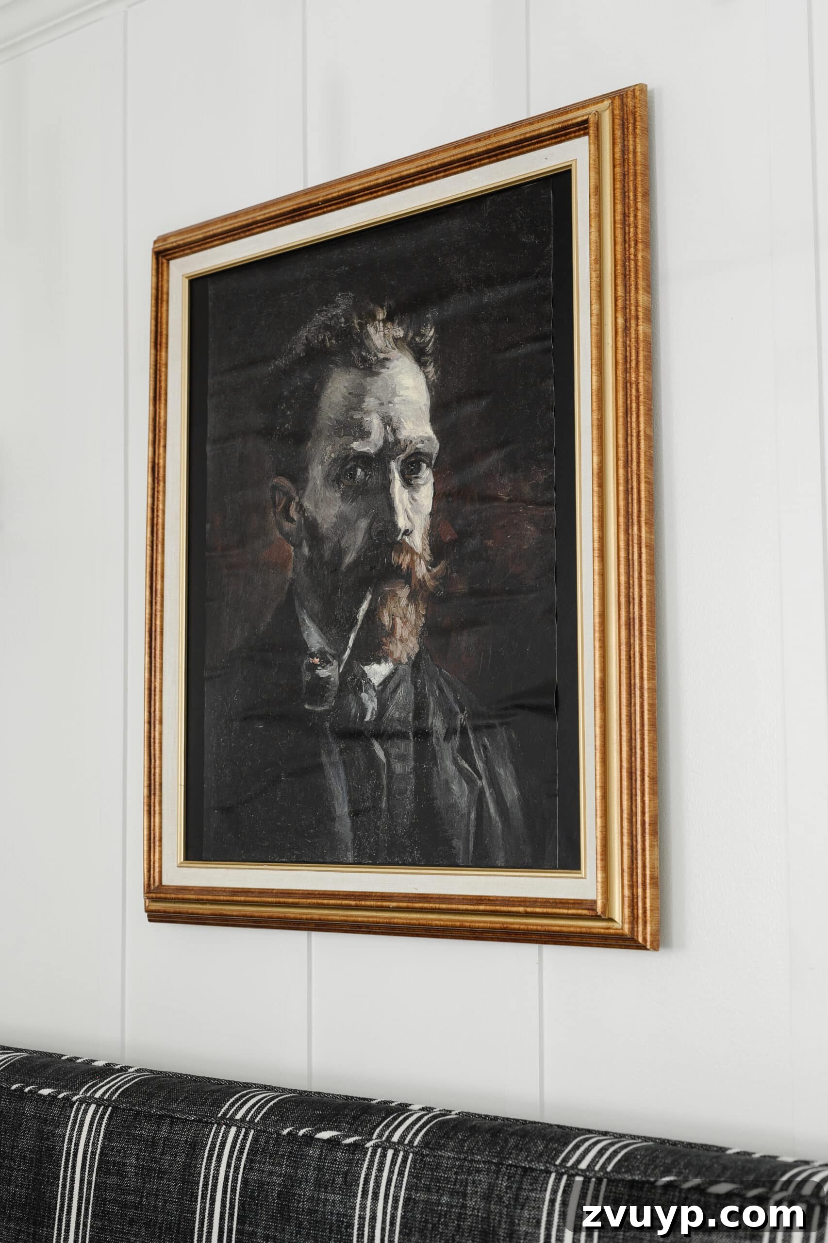 Old creepy art portrait for Halloween wall decor in a gold picture frame, ready to spook guests.