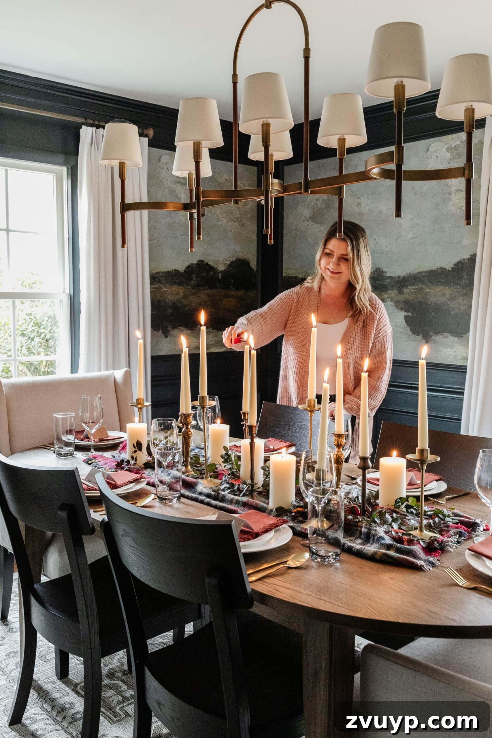 Easy Affordable Thanksgiving Centerpiece from Thrift Store Finds 11 lighting candles on a set Thanksgiving table