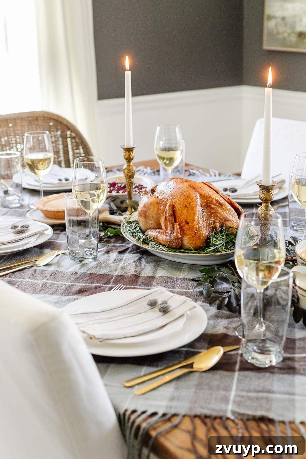 Easy Affordable Thanksgiving Centerpiece from Thrift Store Finds 3 cheap Thanksgiving table decor with a throw blanket repurposed as a tablecloth
