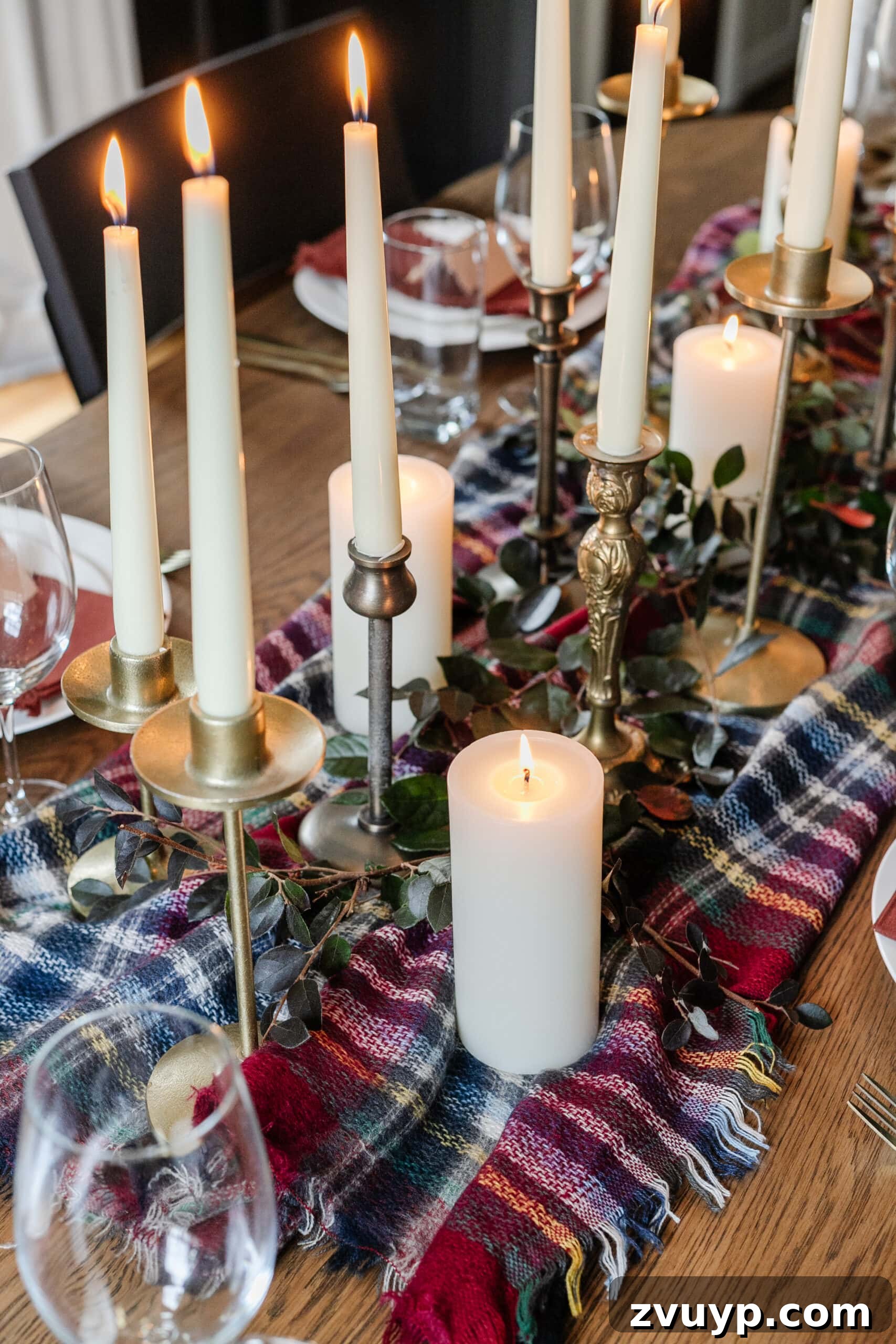 Easy Affordable Thanksgiving Centerpiece from Thrift Store Finds 5 plaid scarf used as a Thanksgiving centerpiece table runner