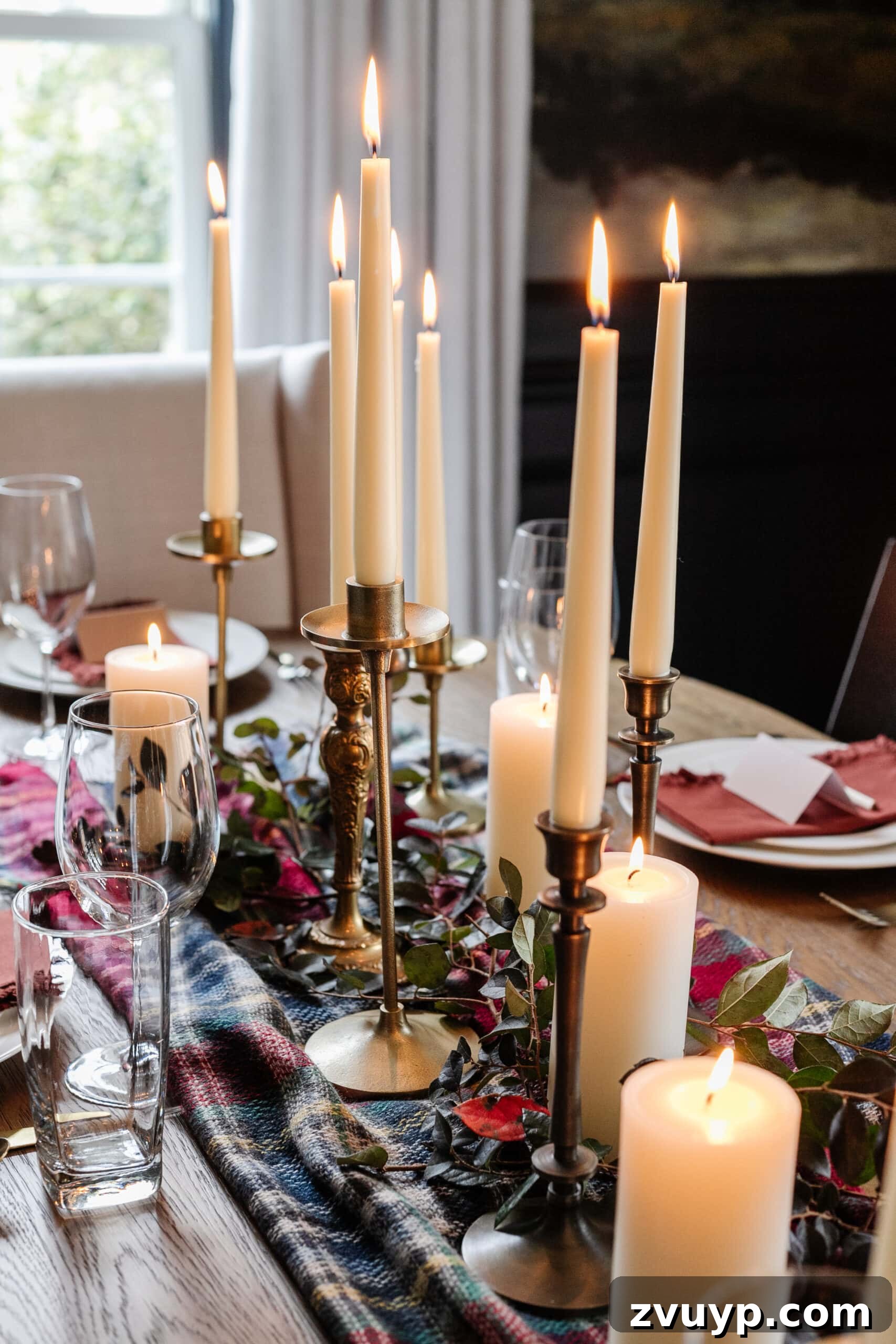 Easy Affordable Thanksgiving Centerpiece from Thrift Store Finds 6 thrifted candlesticks as a cheap Thanksgiving centerpiece