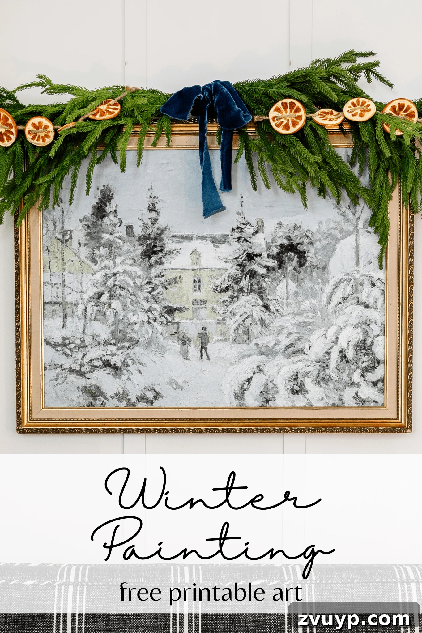 Free Printable Winter Art for Instant Home Decor 2 Free downloadable winter painting art printable displayed in an elegant gold frame, perfect for home decor from Christmas until spring.