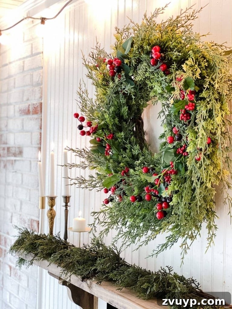 Deck Your Walls: 18 Festive Christmas Decor Ideas & Printable Holiday Art 8 Christmas wreath hung directly on a wall above a fireplace mantel, serving as elegant holiday wall decor