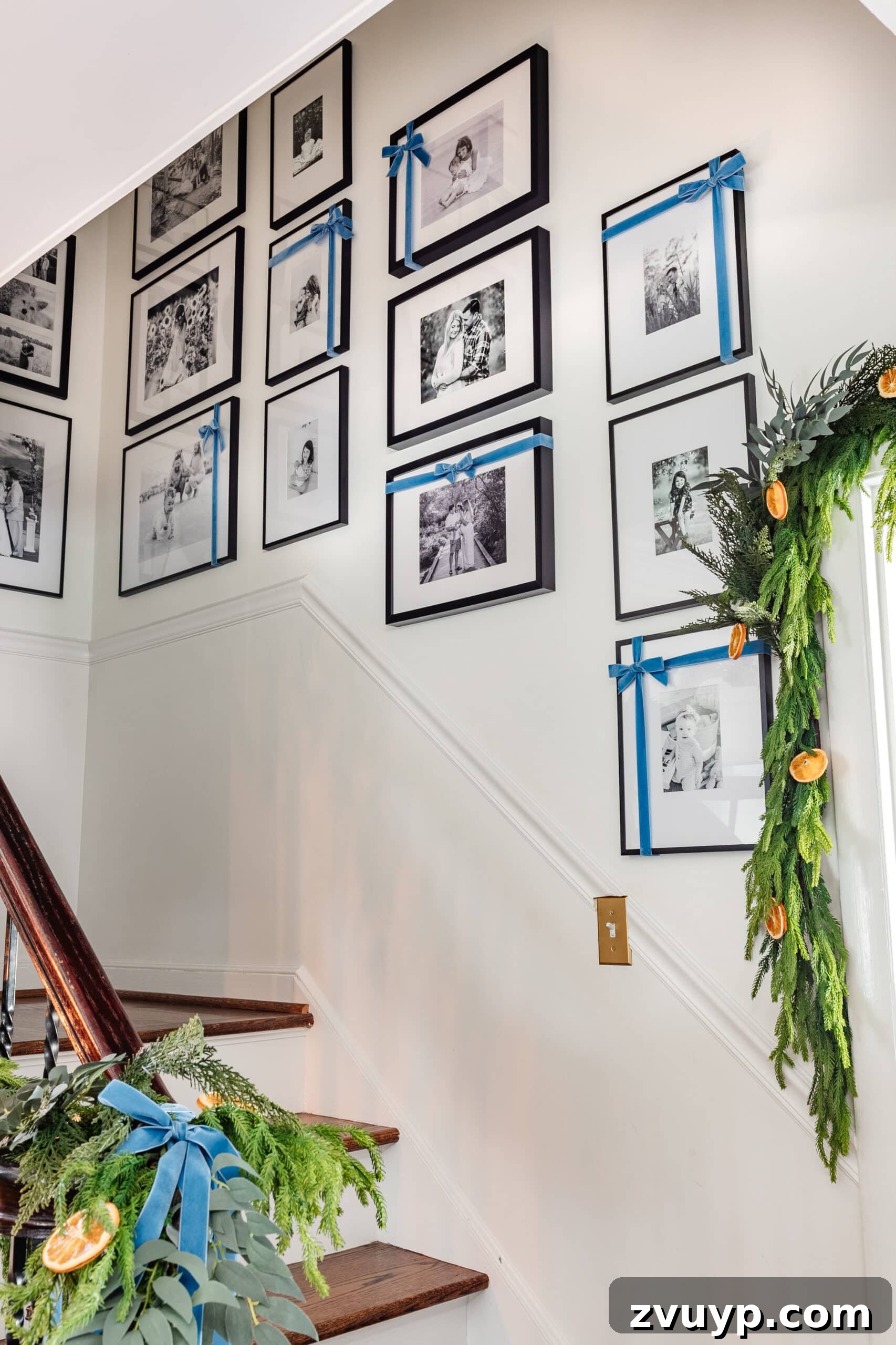 Easy 5-Minute Christmas Bow Craft 9 Enchanting family photo gallery wall adorned with easy Christmas bows, serving as festive ribbon art for the holidays.