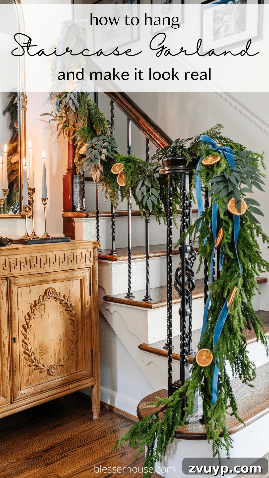 Deck the Halls Staircase and Entryway Christmas Garland Decor 2 how to hang staircase garland and make faux garland look real