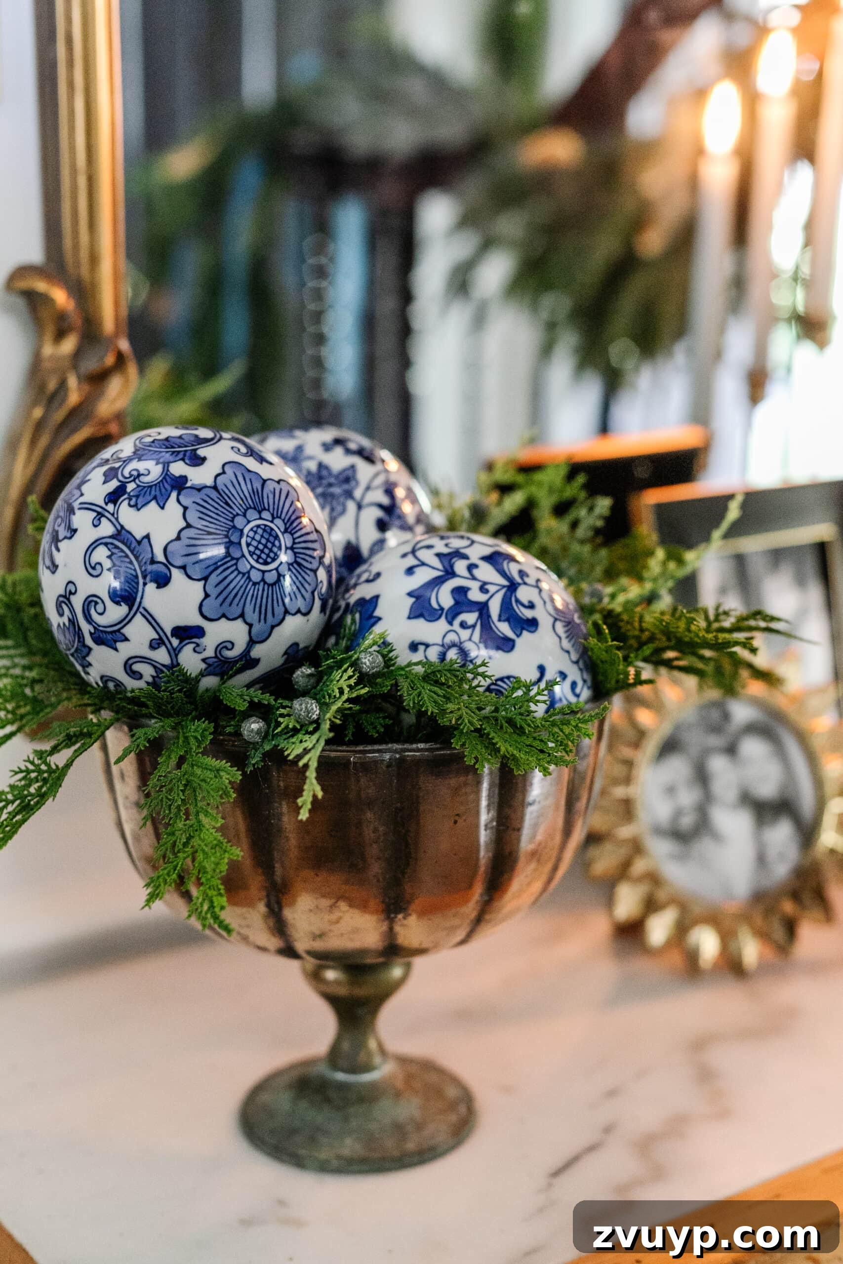 Deck the Halls Staircase and Entryway Christmas Garland Decor 18 porcelain orbs in a footed bowl with greenery for blue and white Christmas decor
