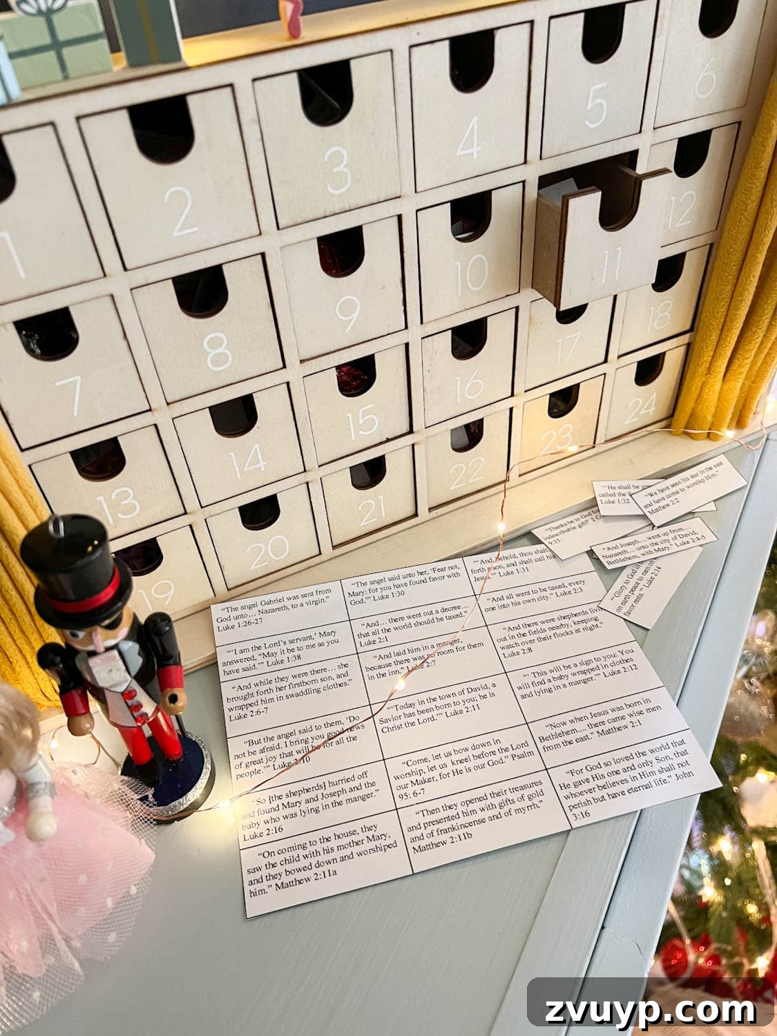 Printable Advent calendar with Bible verses of the Christmas story with ballet themed Advent calendar