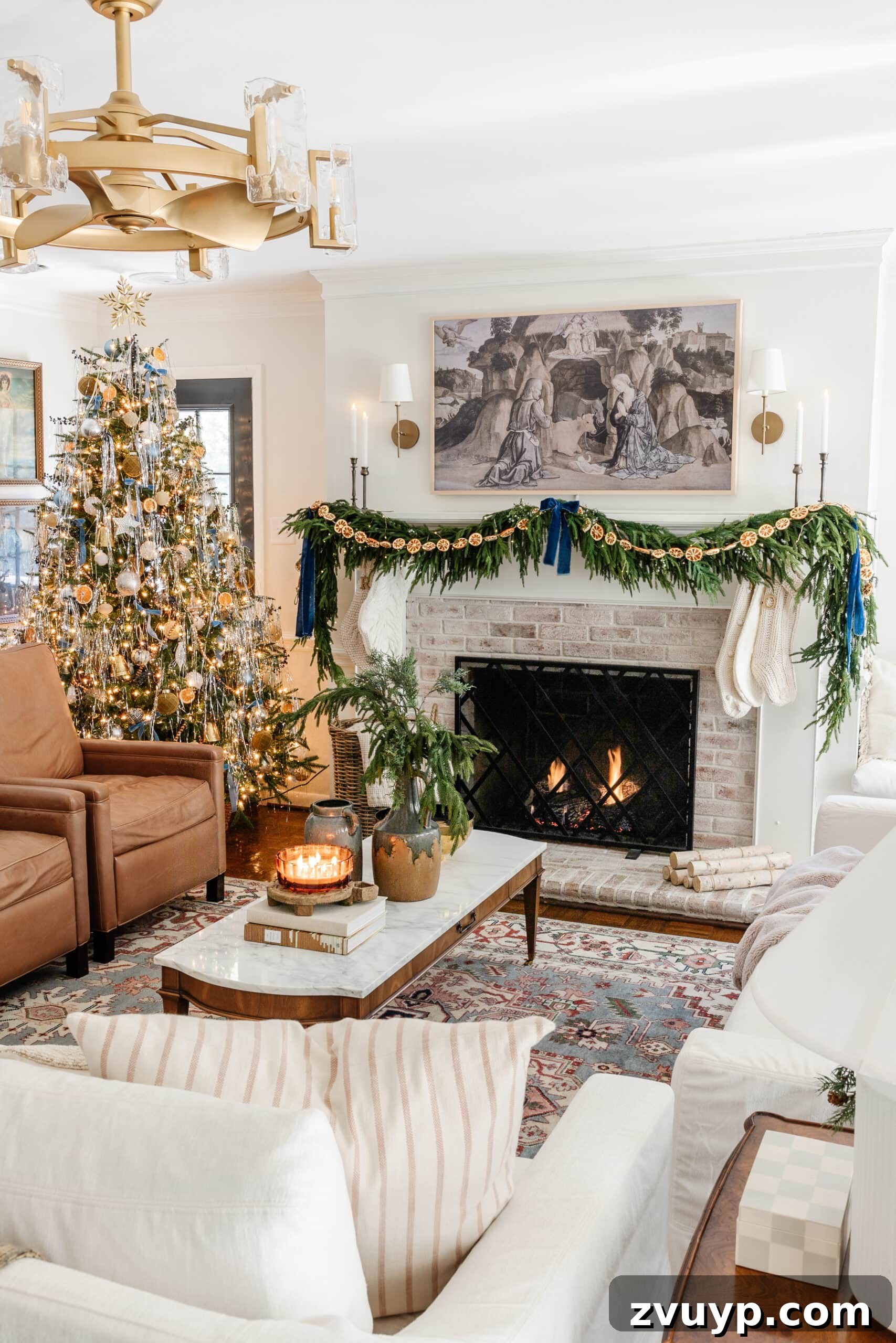 Festive Comfort: Living Room Decor for a Magical Christmas 2 Living room decorated for Christmas with cozy candles and greenery, evoking a serene winter atmosphere